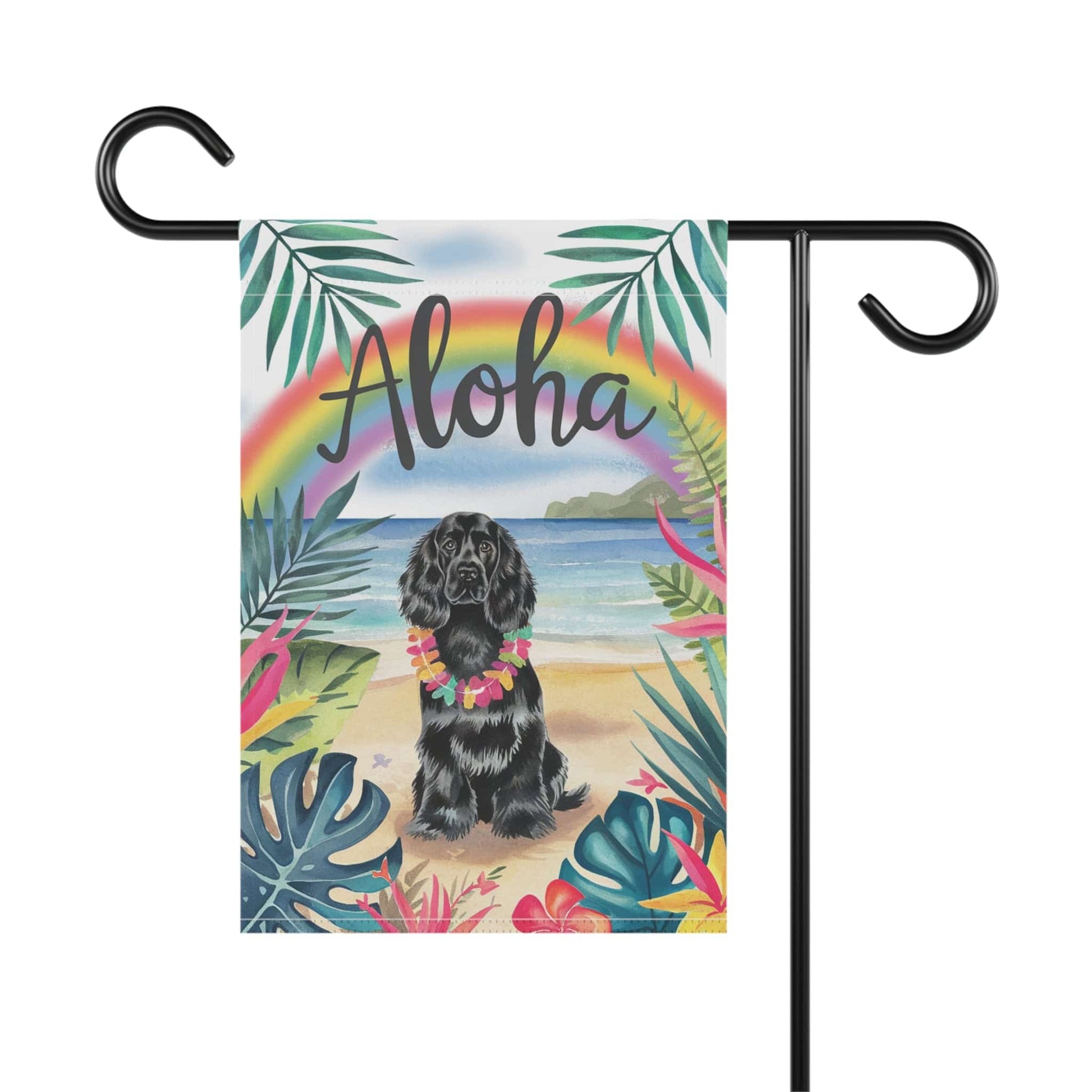 Printify Garden Flag Black Cocker Spaniel Aloha Luau Garden Flag