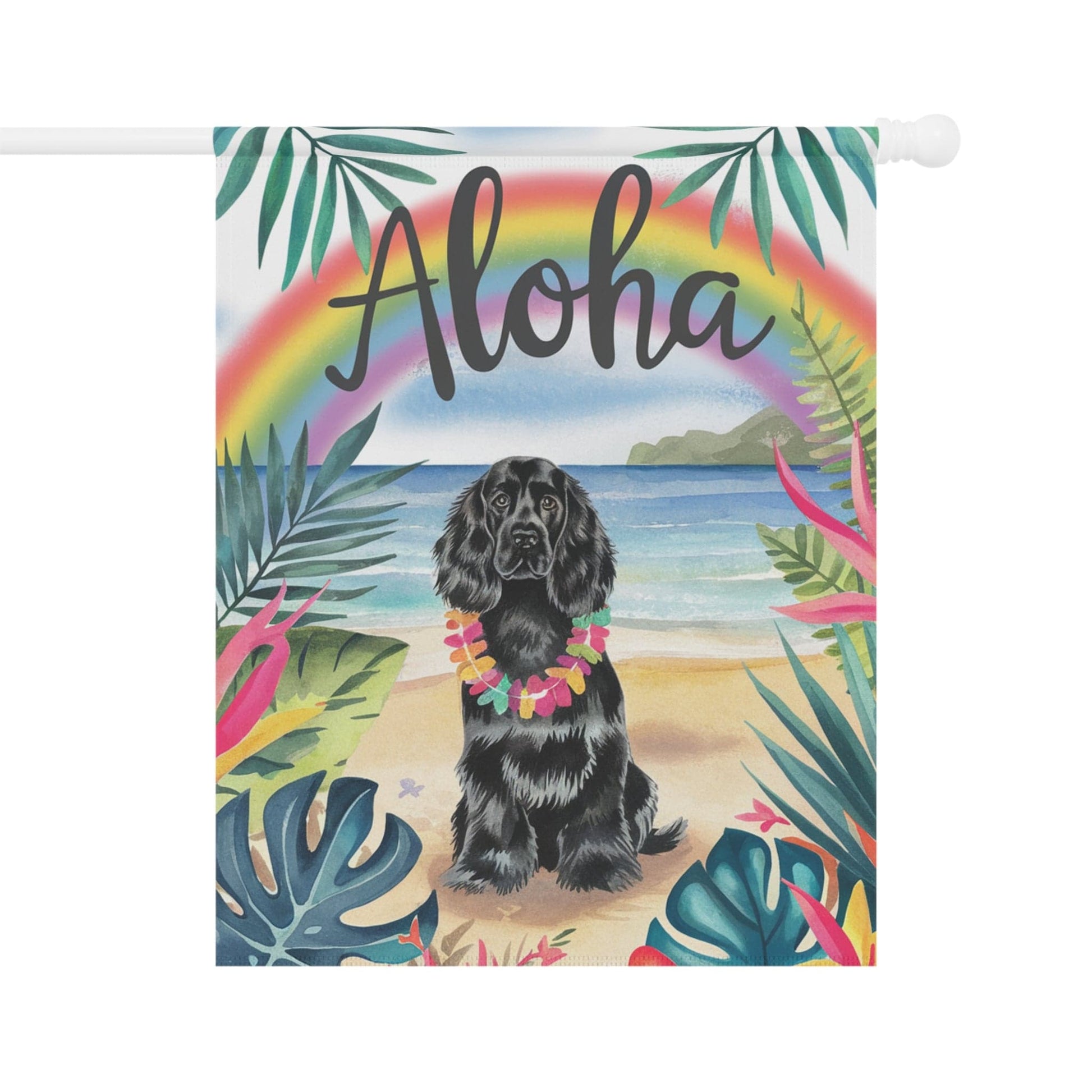 Printify Garden Flag Black Cocker Spaniel Aloha Luau Garden Flag