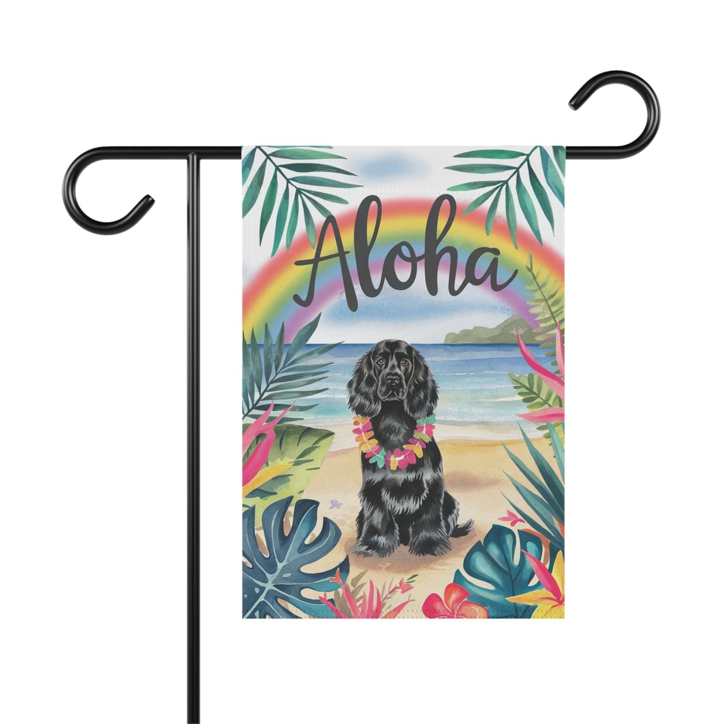 Printify Garden Flag Black Cocker Spaniel Aloha Luau Garden Flag
