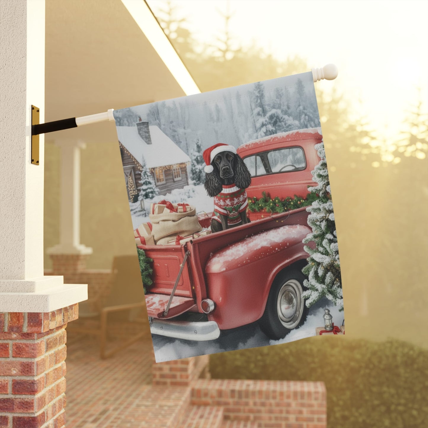 Black Cocker Spaniel Dog Red Truck Christmas Garden Flag