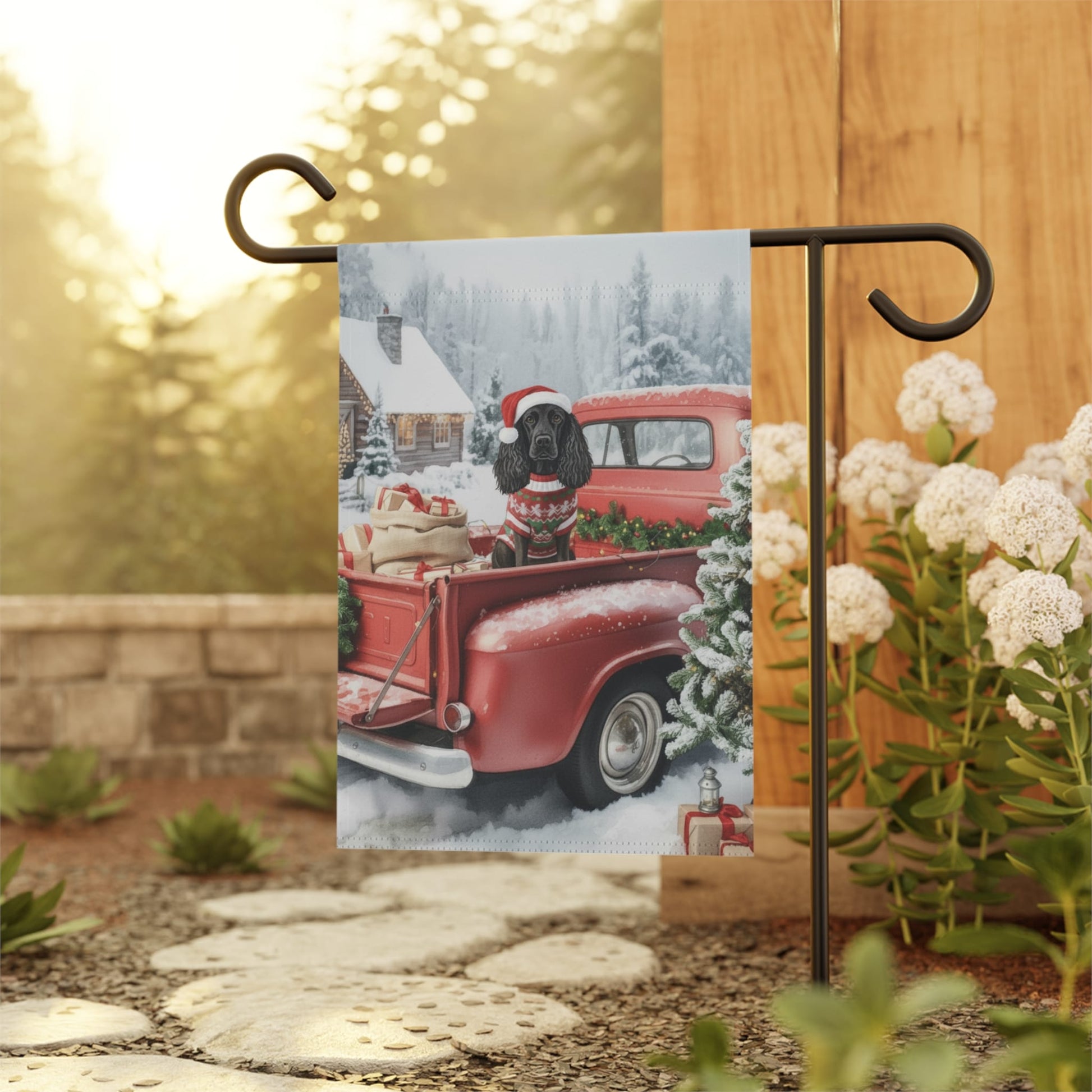 Black Cocker Spaniel Dog Red Truck Christmas Garden Flag