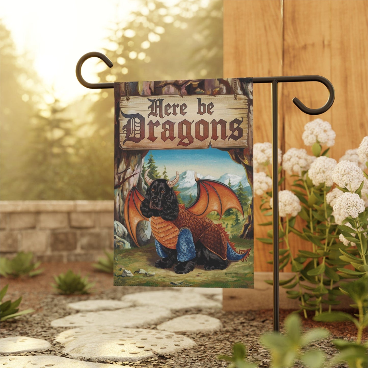 Printify Garden Flag Black Cocker Spaniel Dragon Garden Flag, Fantasy Yard Decor, Spring Housewarming