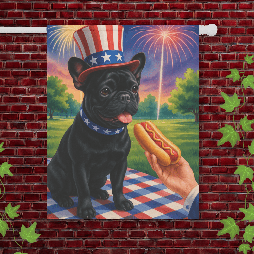 Printify Garden Flag 24.5'' × 32'' Black French Bulldog 4th of July Garden Flag