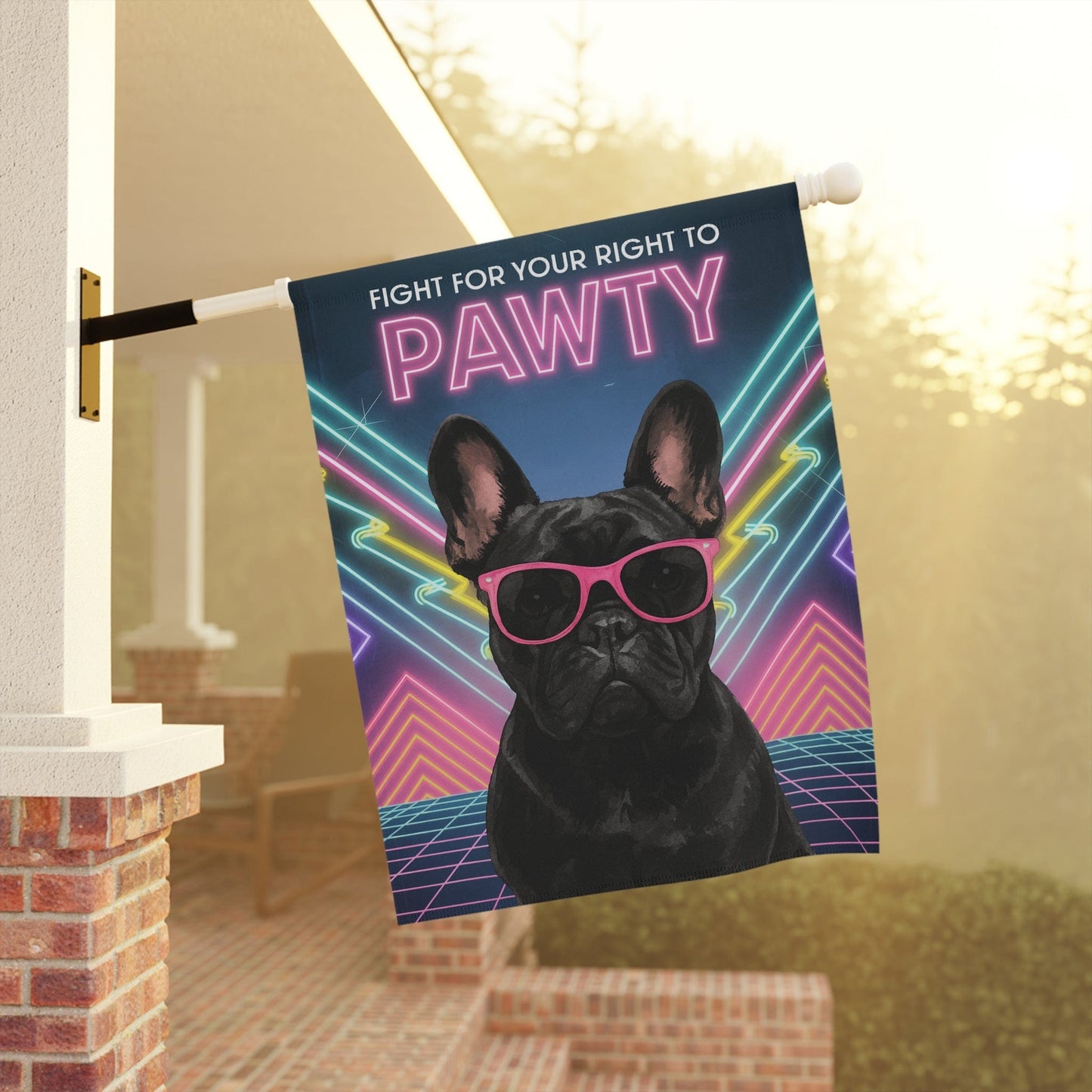 Printify Garden Flag Black French Bulldog 80s Party Garden Flag