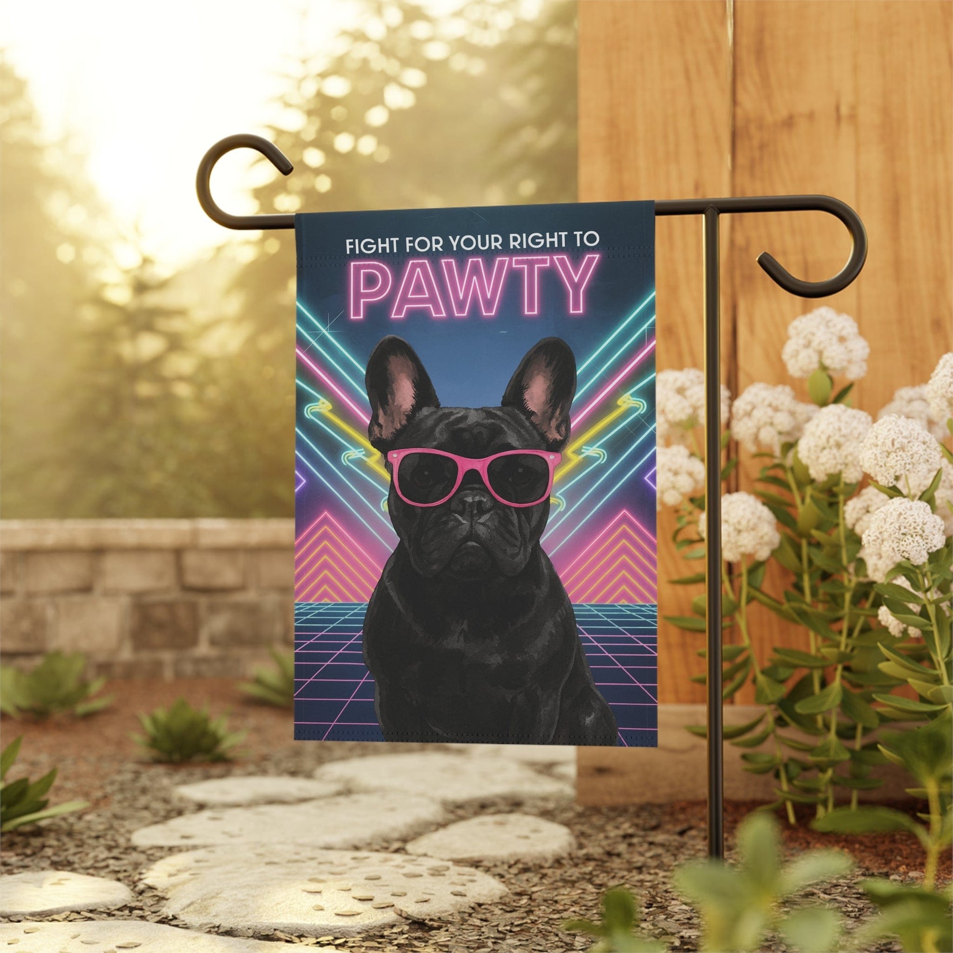 Printify Garden Flag Black French Bulldog 80s Party Garden Flag