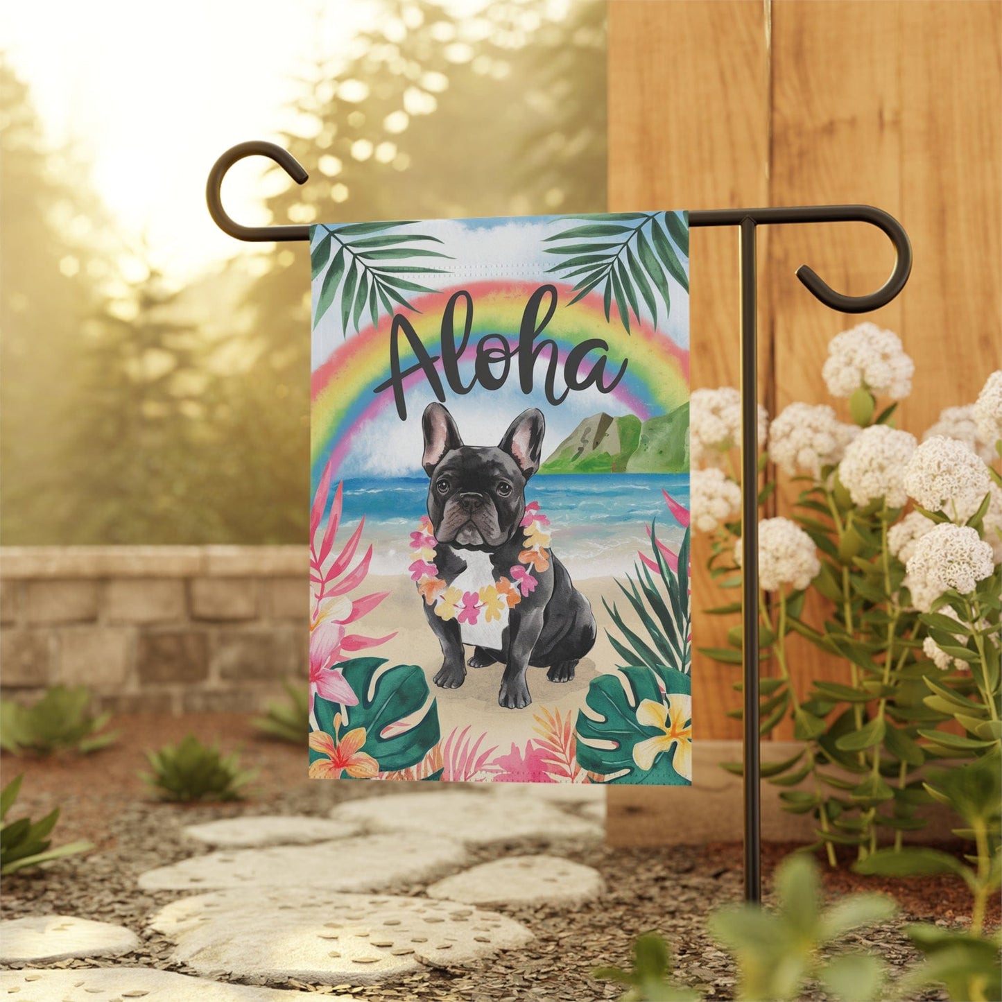 Printify Garden Flag Black French Bulldog Aloha Garden Flag