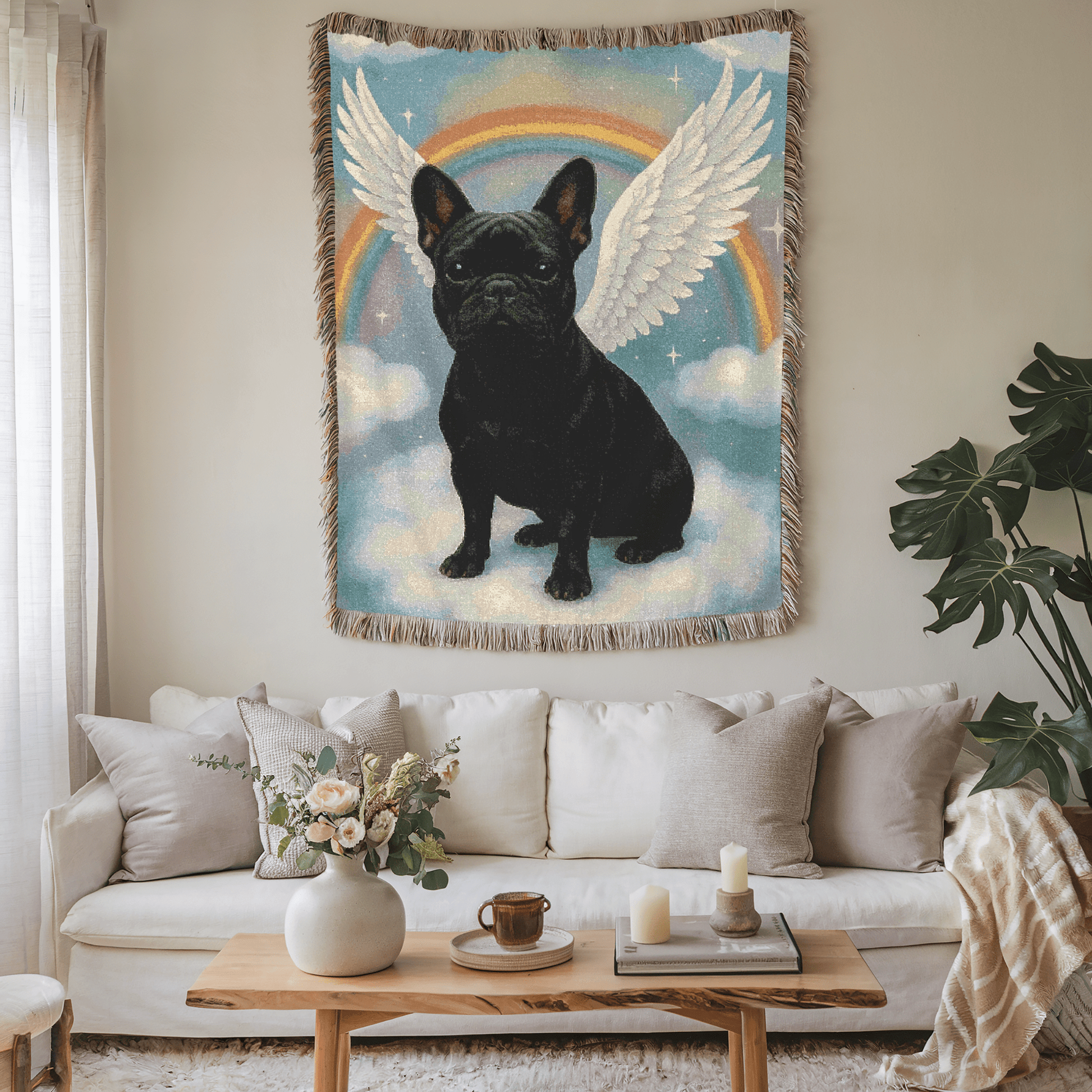 Printify Blanket Black French Bulldog Angel Woven Blanket