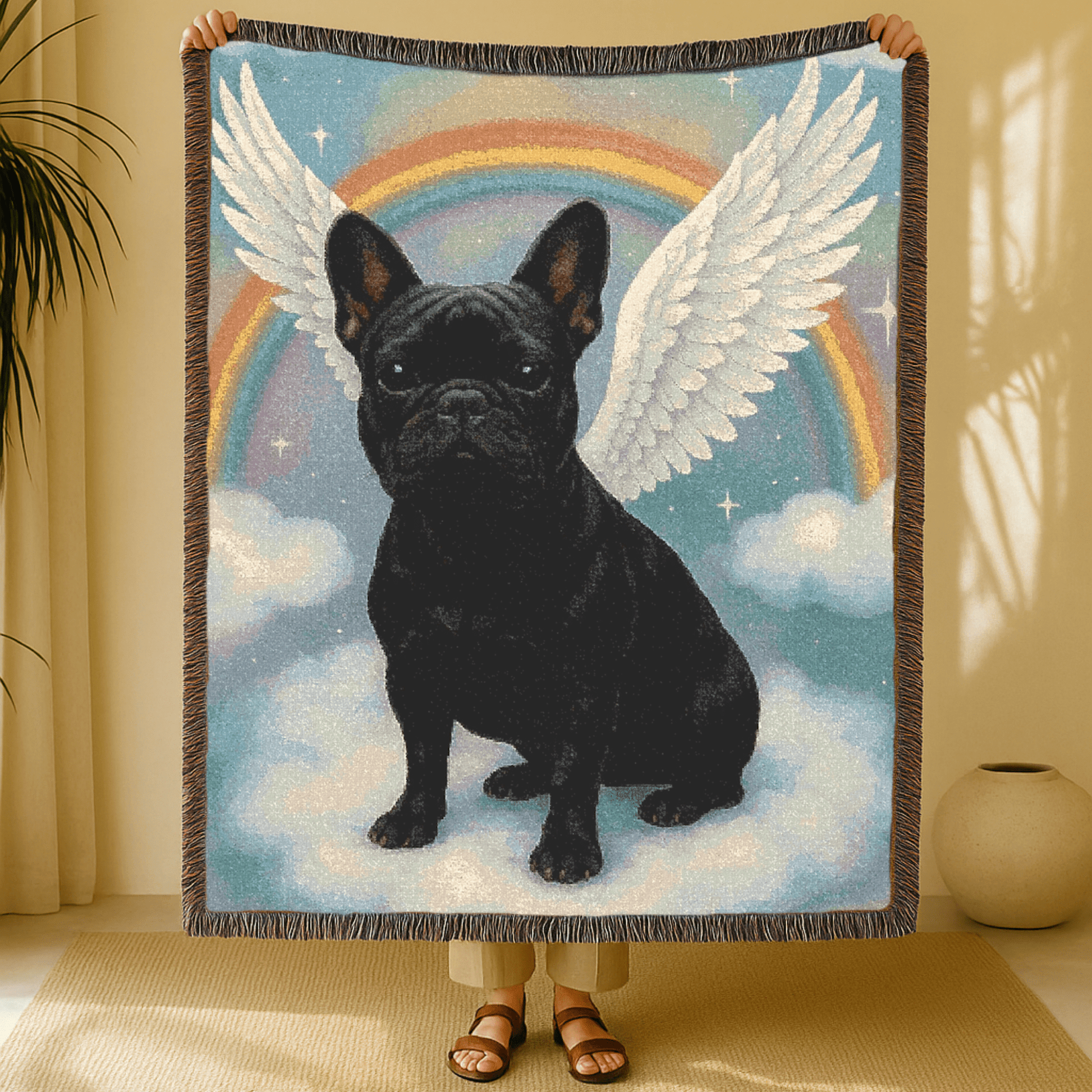 Printify Blanket Black French Bulldog Angel Woven Blanket