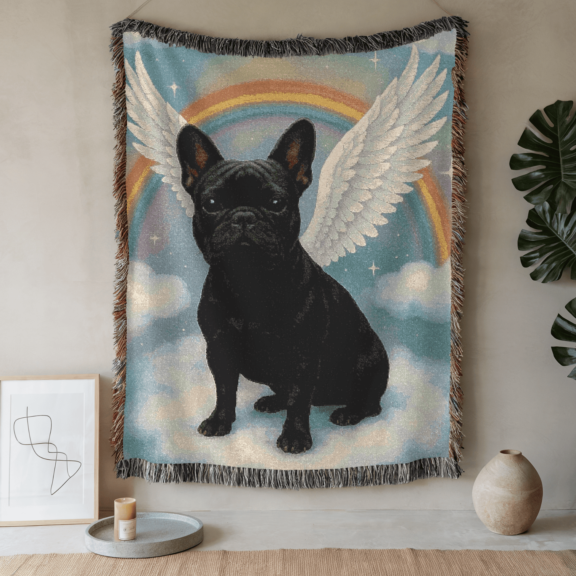 Printify Blanket 52'' × 37'' Black French Bulldog Angel Woven Blanket