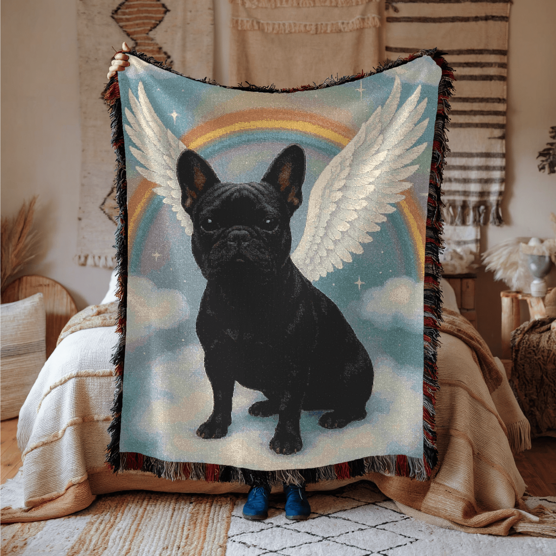 Printify Blanket Black French Bulldog Angel Woven Blanket