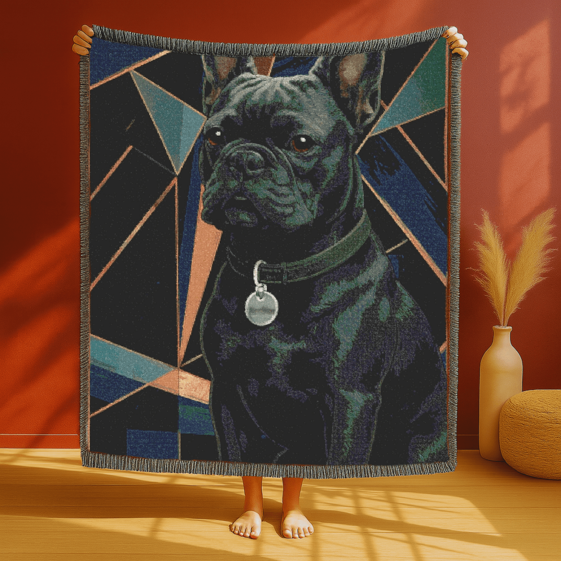 Printify Blanket Black French Bulldog Art Deco Woven Blanket