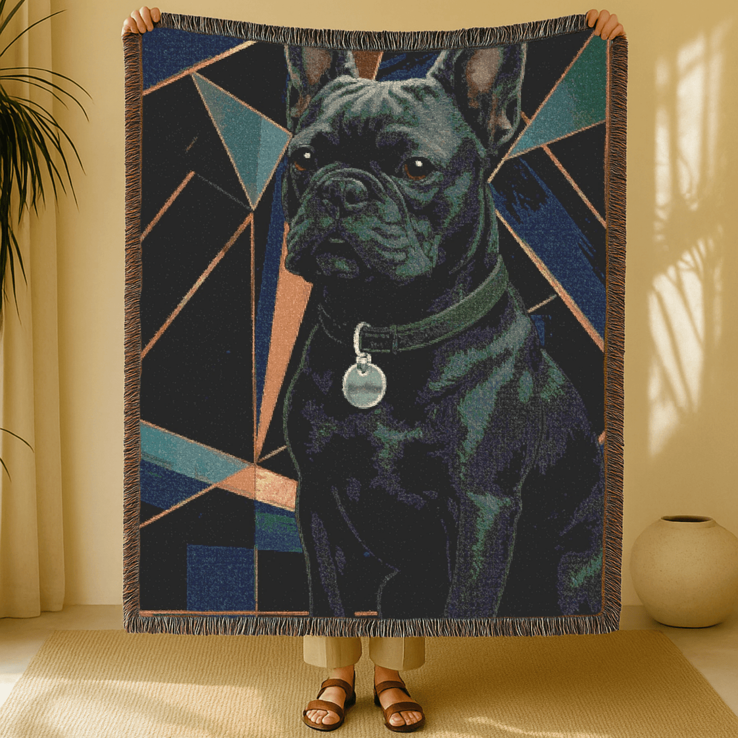Printify Blanket Black French Bulldog Art Deco Woven Blanket