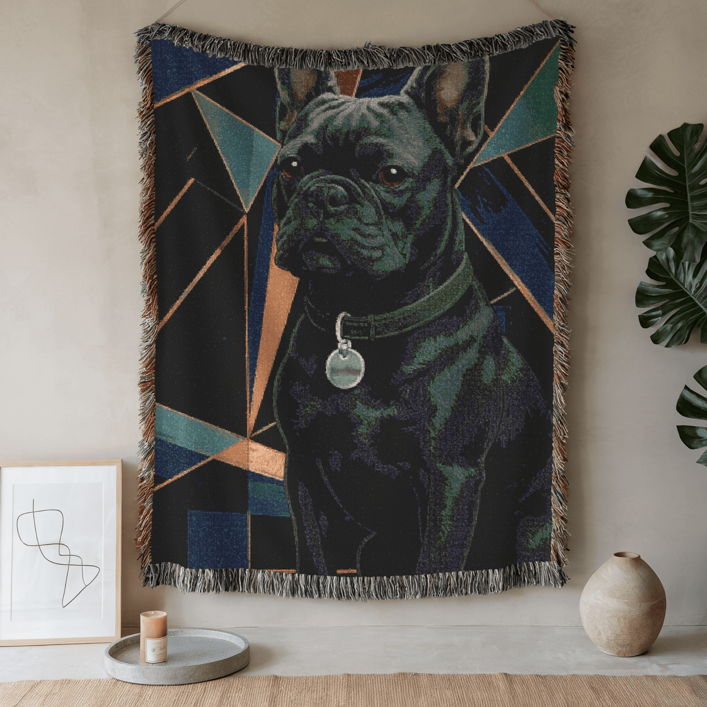 Printify Blanket 52'' × 37'' Black French Bulldog Art Deco Woven Blanket