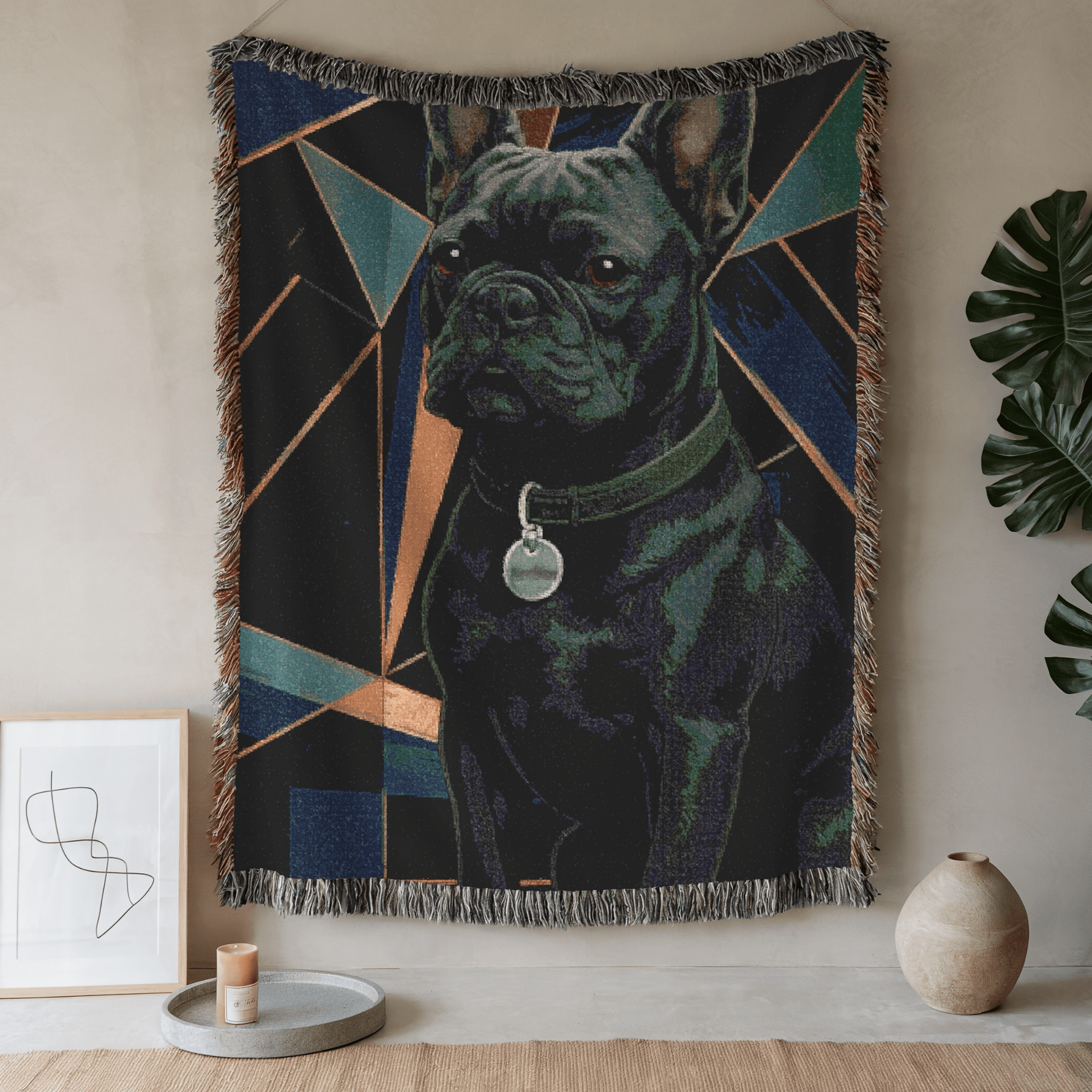 Printify Blanket 52'' × 37'' Black French Bulldog Art Deco Woven Blanket