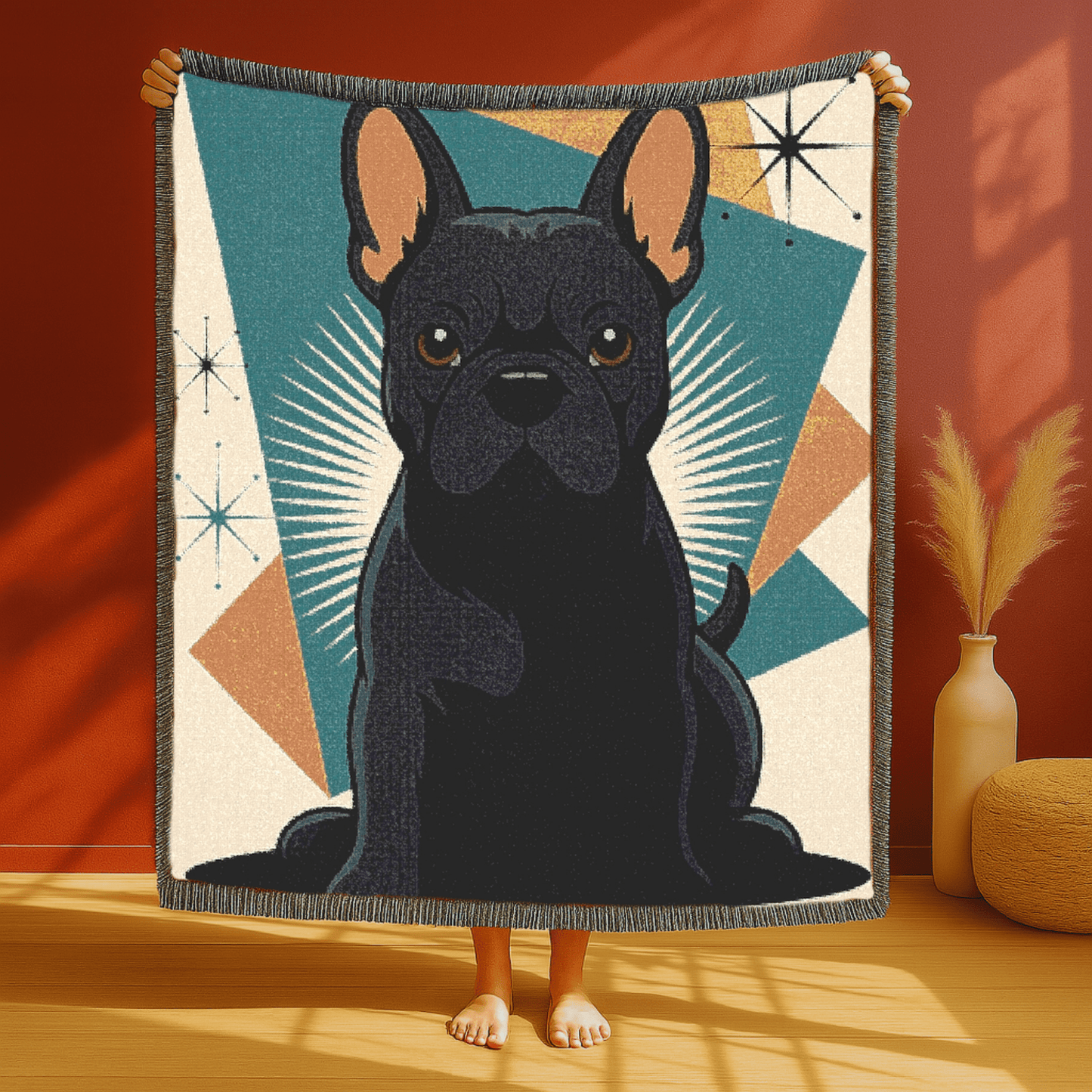 Printify Blanket Black French Bulldog Atomic Mid Century Modern Throw Blanket