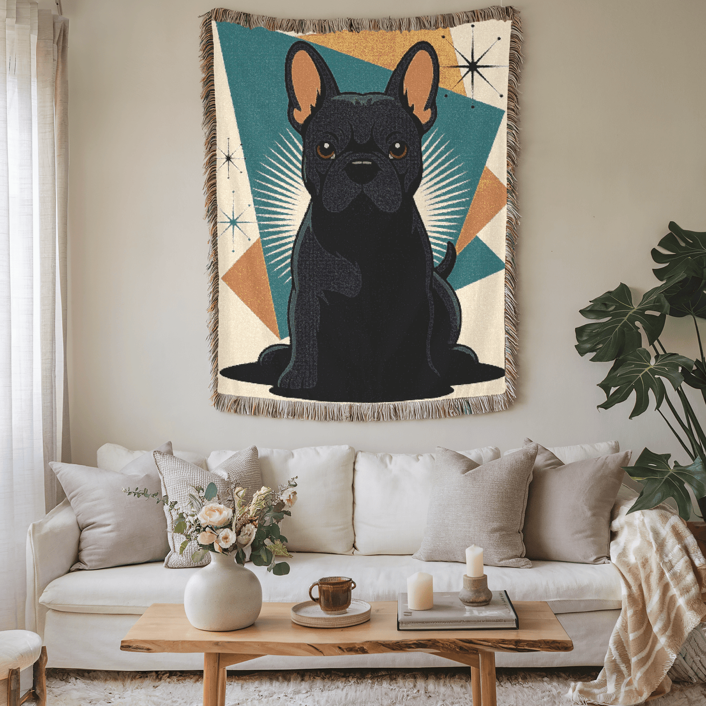 Printify Blanket Black French Bulldog Atomic Mid Century Modern Throw Blanket