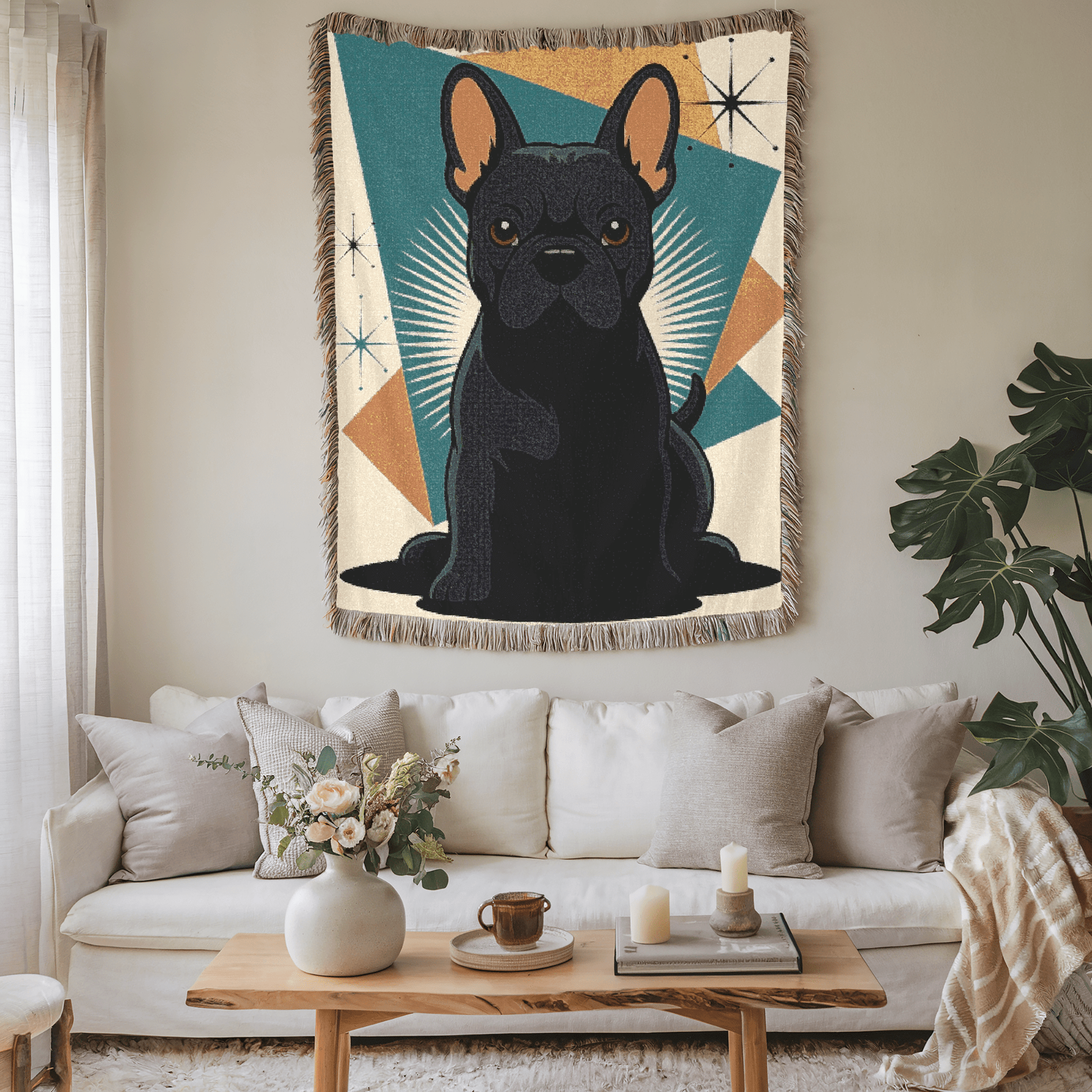 Printify Blanket Black French Bulldog Atomic Mid Century Modern Throw Blanket