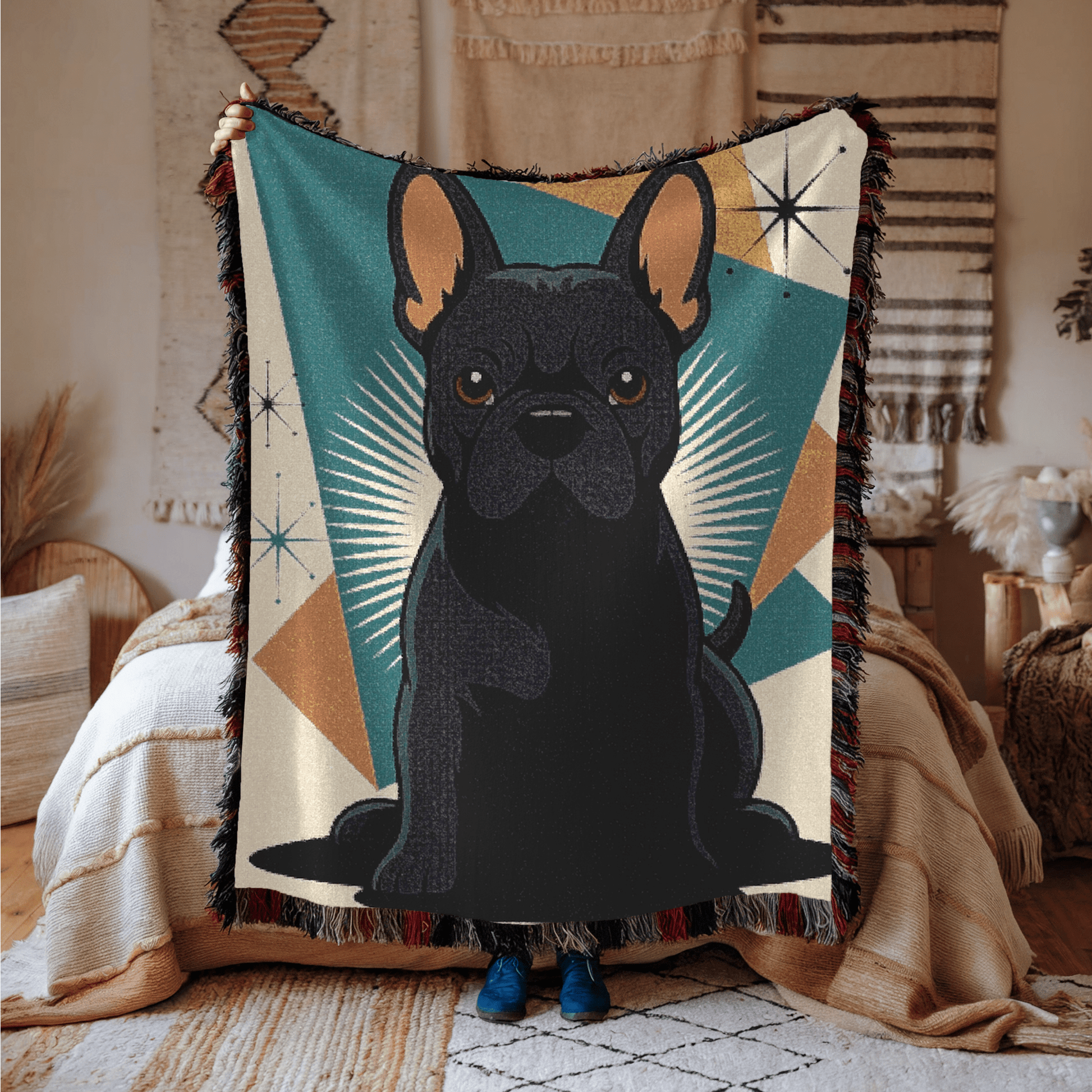 Printify Blanket Black French Bulldog Atomic Mid Century Modern Throw Blanket