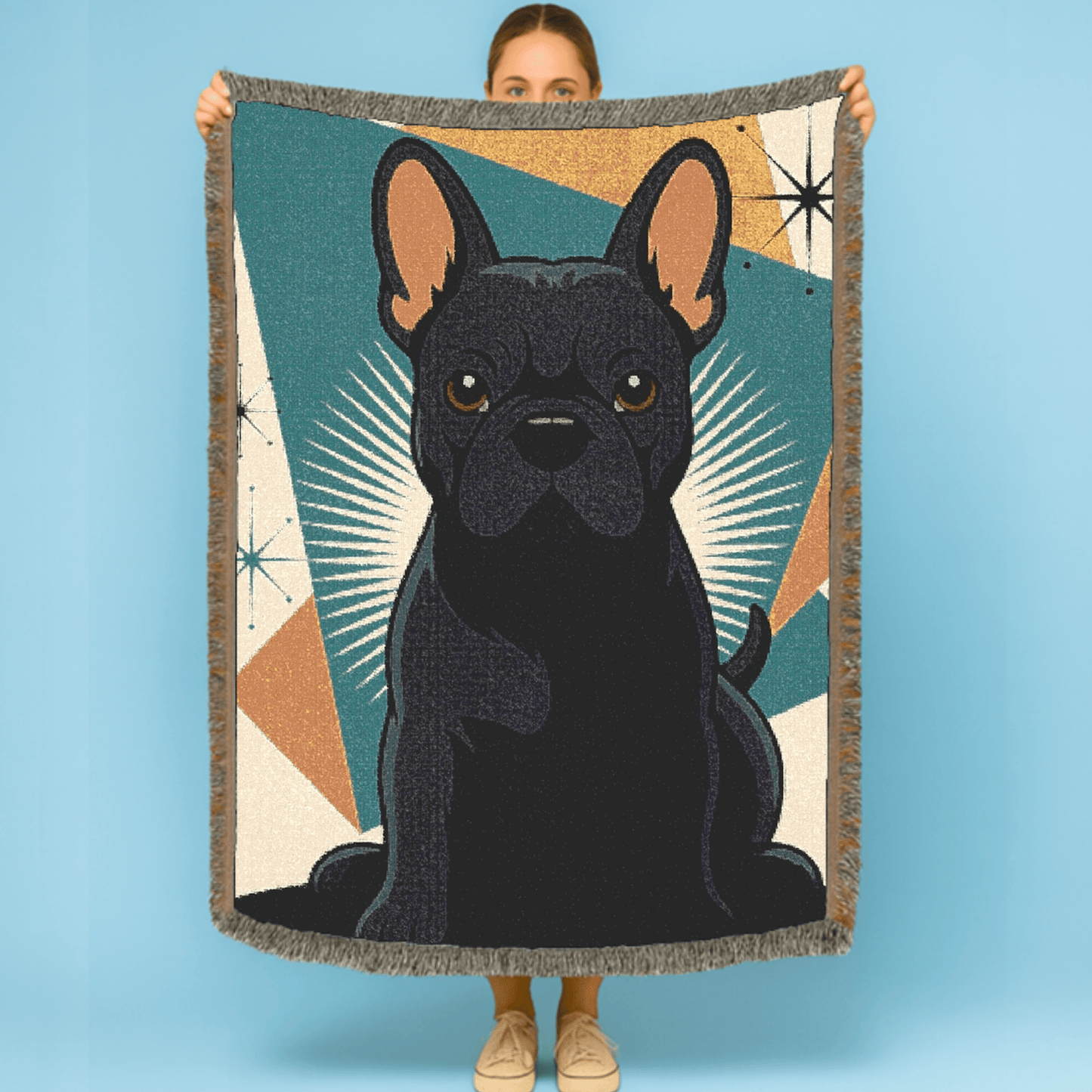 Printify Blanket Black French Bulldog Atomic Mid Century Modern Throw Blanket