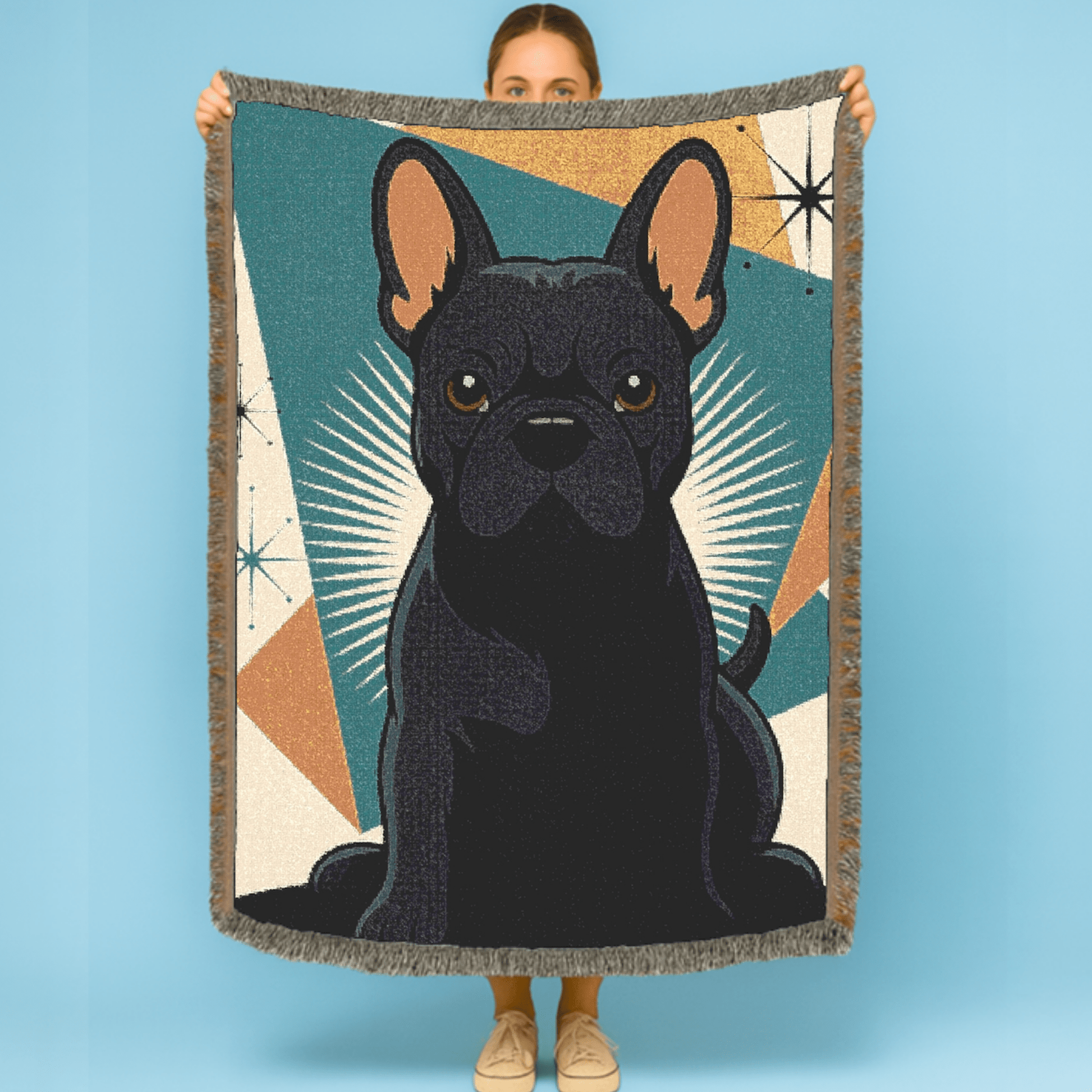 Printify Blanket Black French Bulldog Atomic Mid Century Modern Throw Blanket