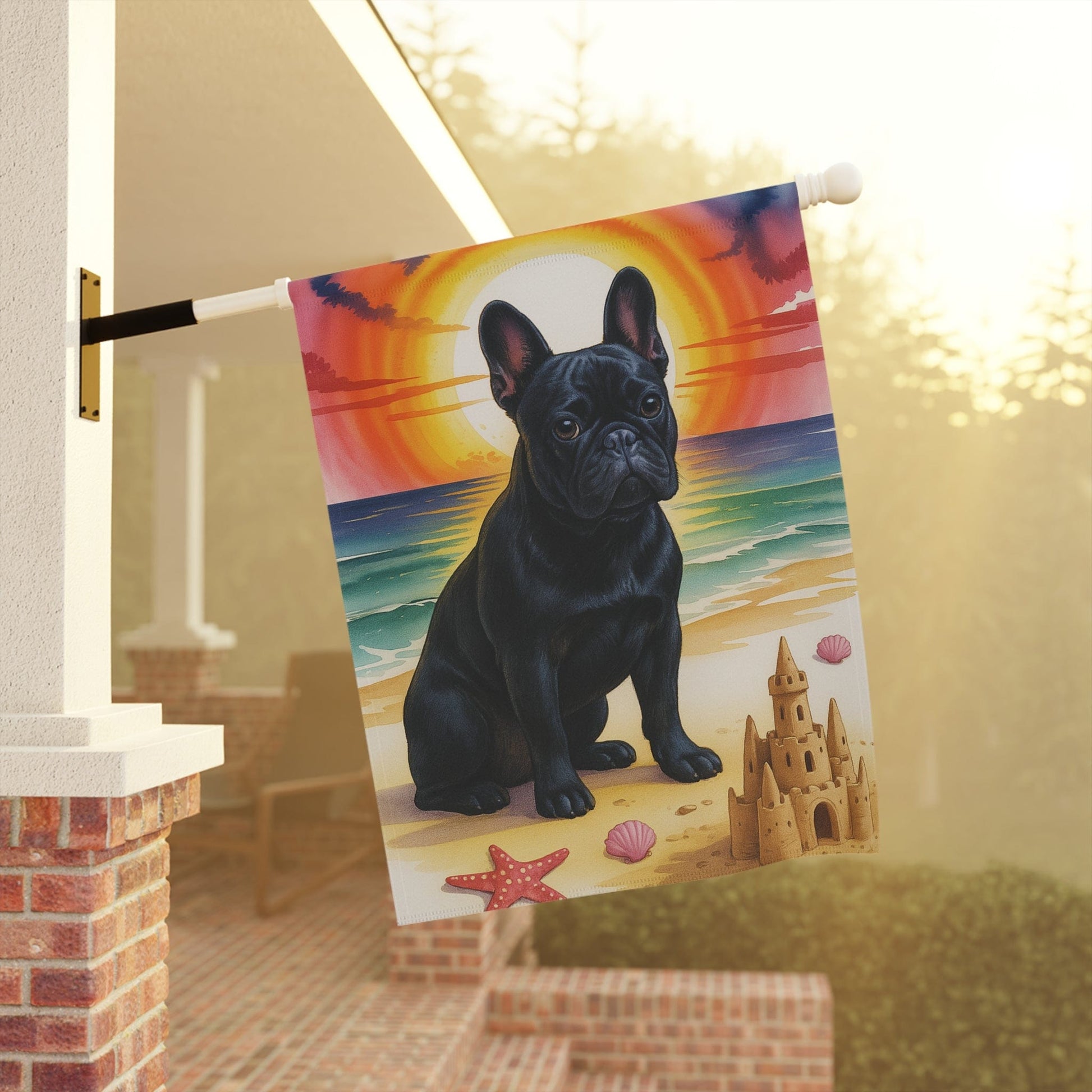 Printify Garden Flag Black French Bulldog Beach Garden Flag