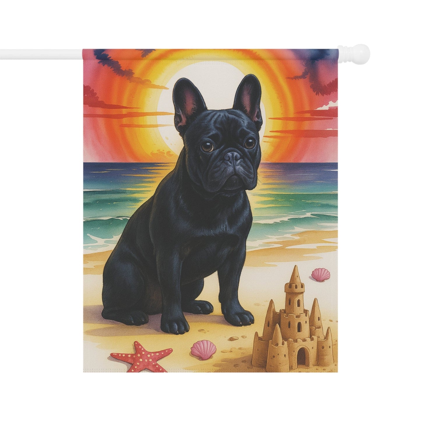 Printify Garden Flag Black French Bulldog Beach Garden Flag