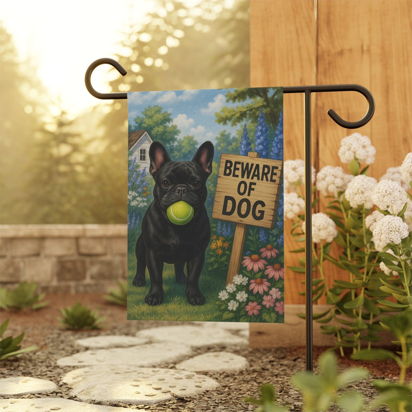 Printify Garden Flag Black French Bulldog Beware Garden Flag
