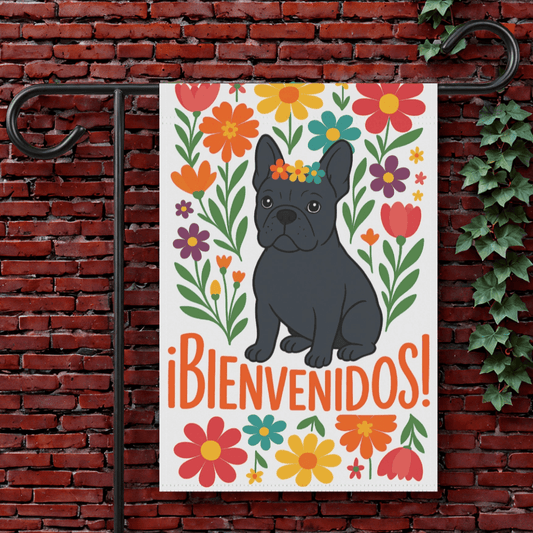Printify Garden Flag 12'' × 18'' Black French Bulldog Bienvenidos Garden Flag