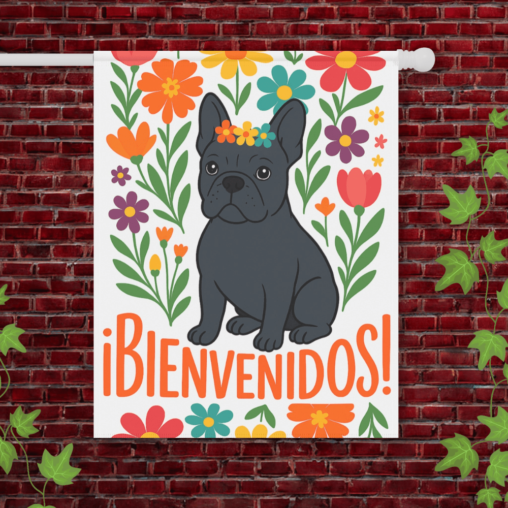 Printify Garden Flag 24.5'' × 32'' Black French Bulldog Bienvenidos Garden Flag