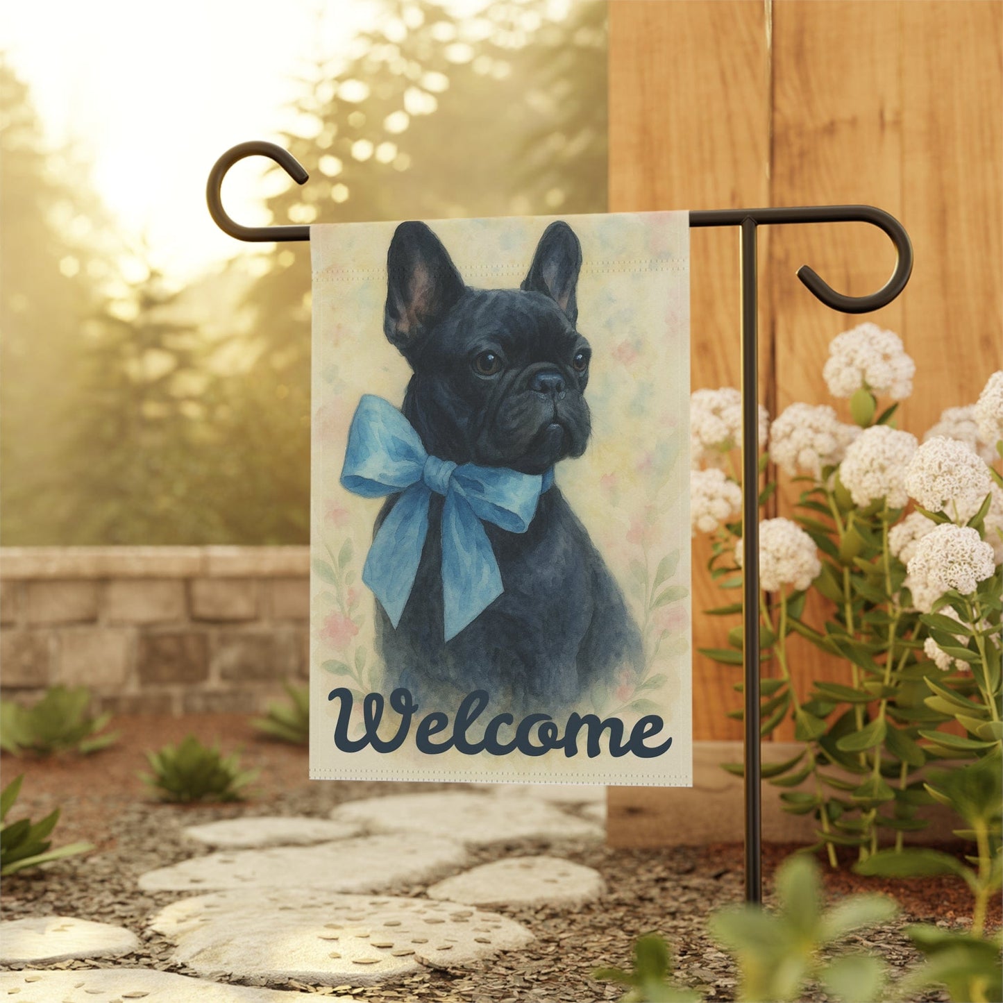 Black French Bulldog Blue Coquette Garden Flag
