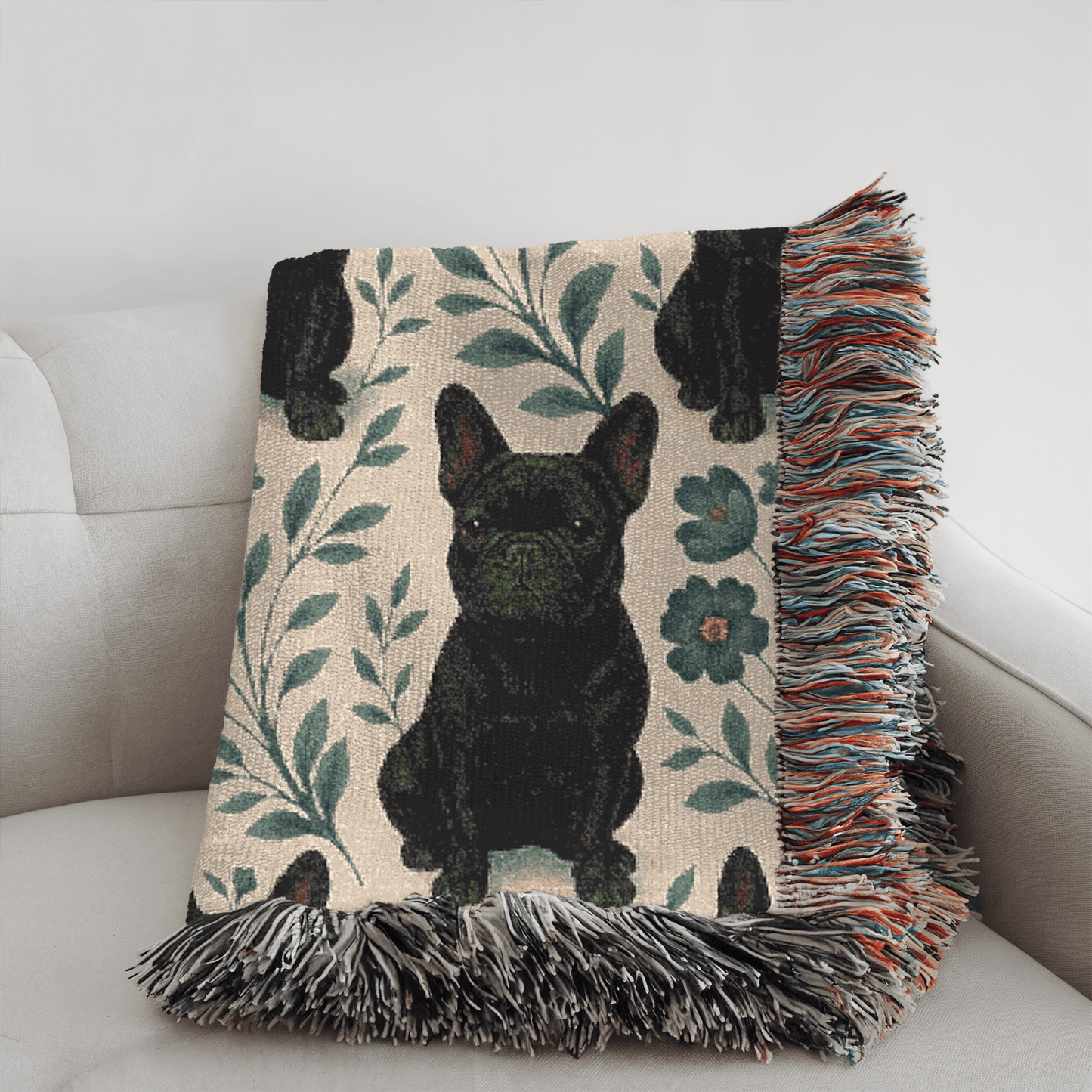 Printify Blanket Black French Bulldog Blue Floral Throw Blanket