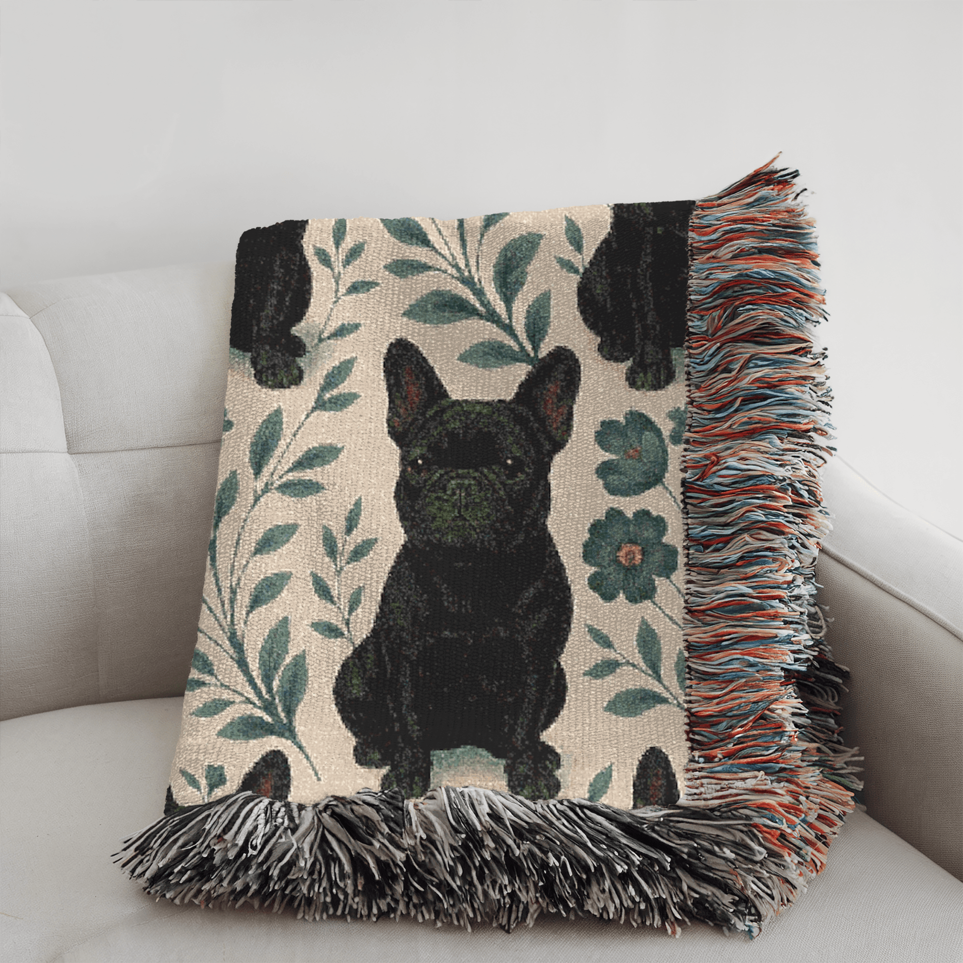 Printify Blanket Black French Bulldog Blue Floral Throw Blanket