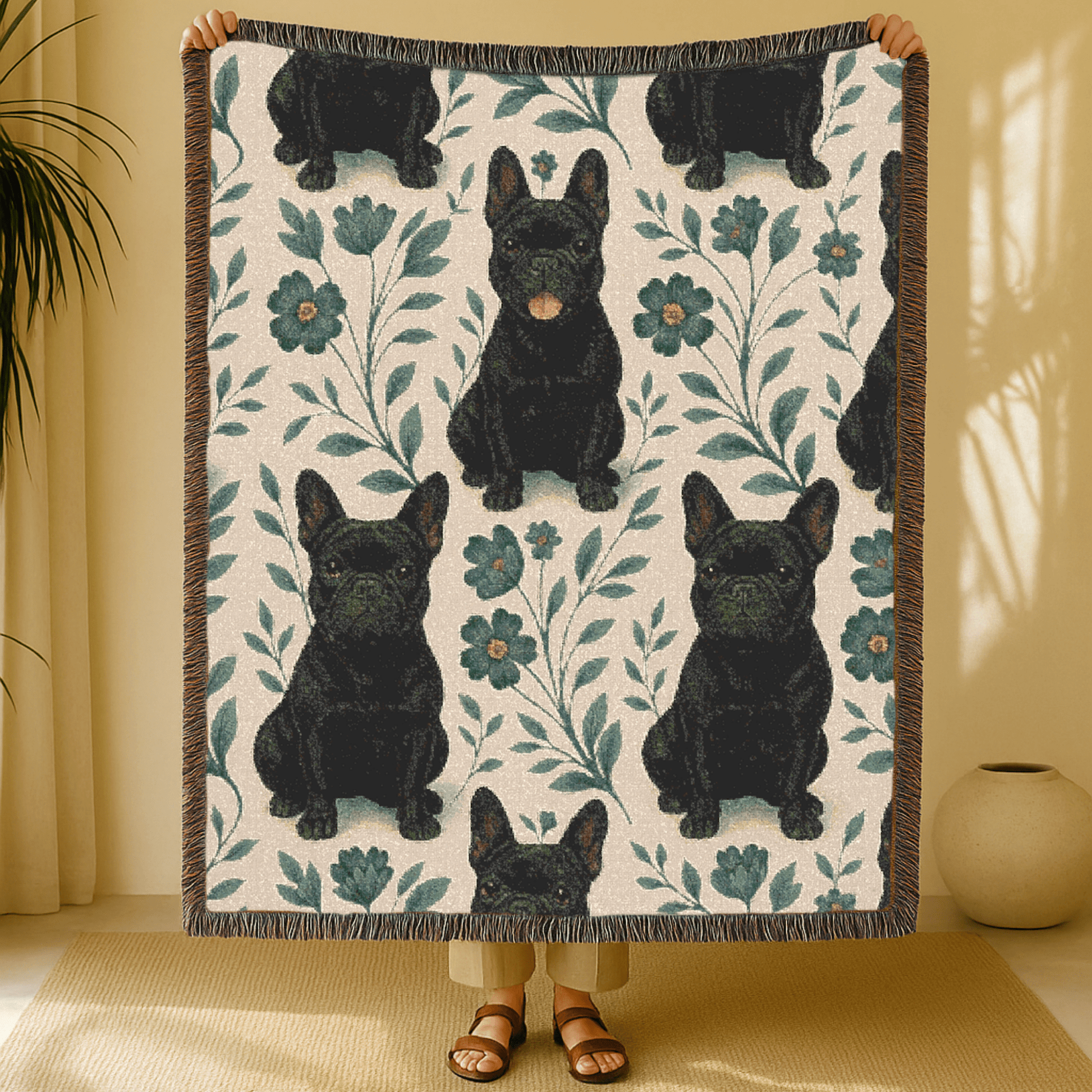 Printify Blanket Black French Bulldog Blue Floral Throw Blanket