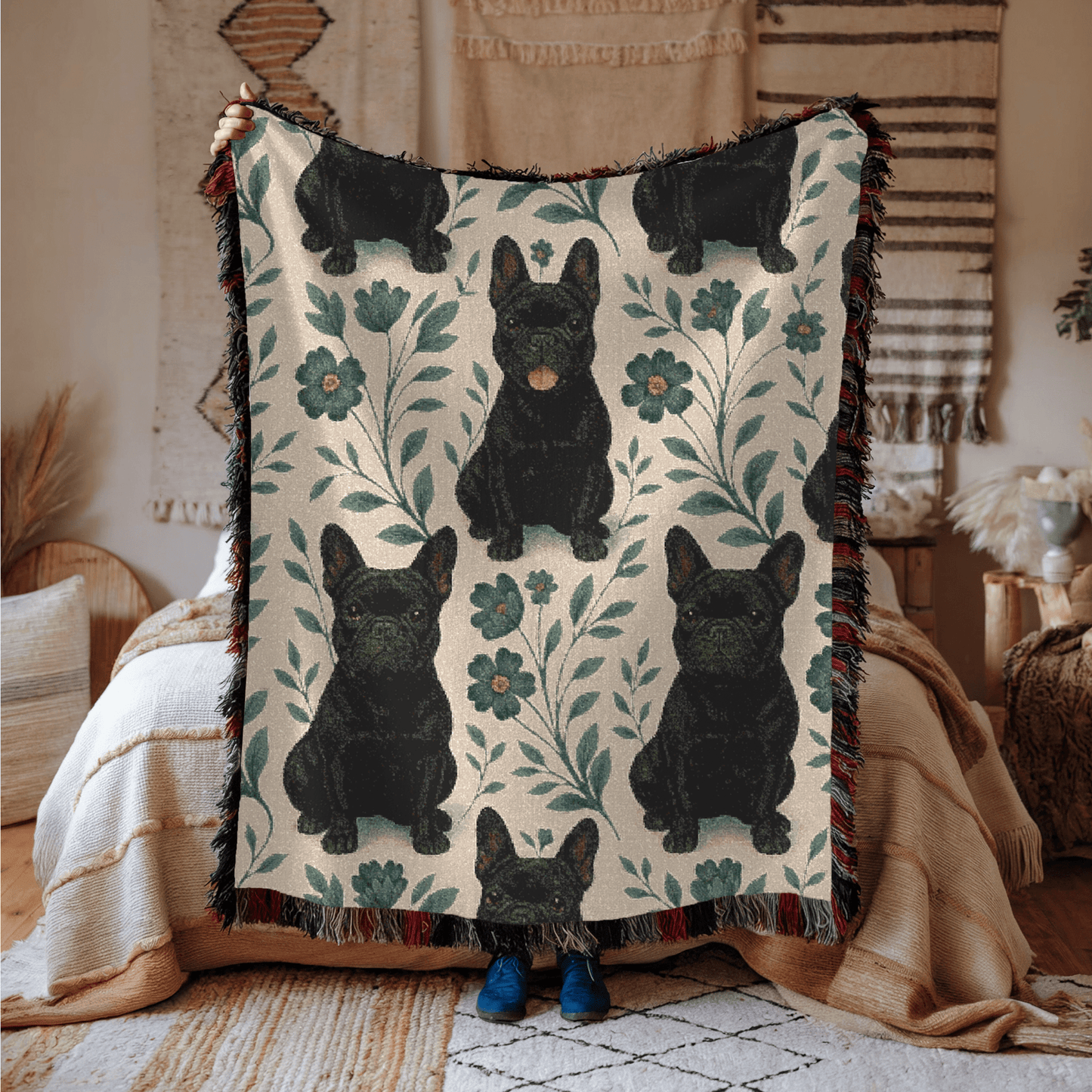 Printify Blanket Black French Bulldog Blue Floral Throw Blanket