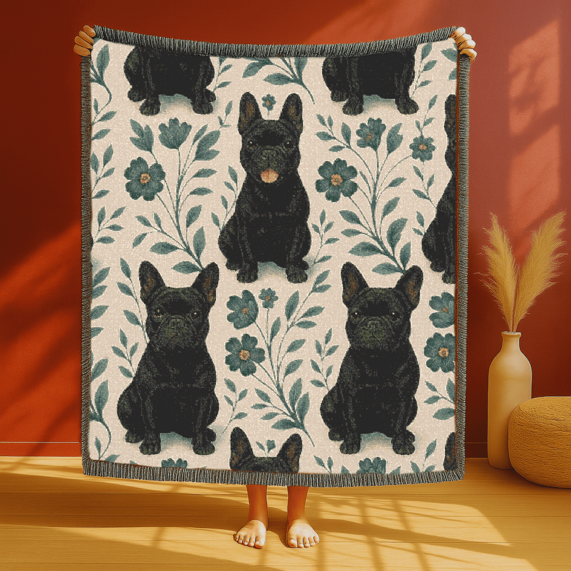 Printify Blanket Black French Bulldog Blue Floral Throw Blanket