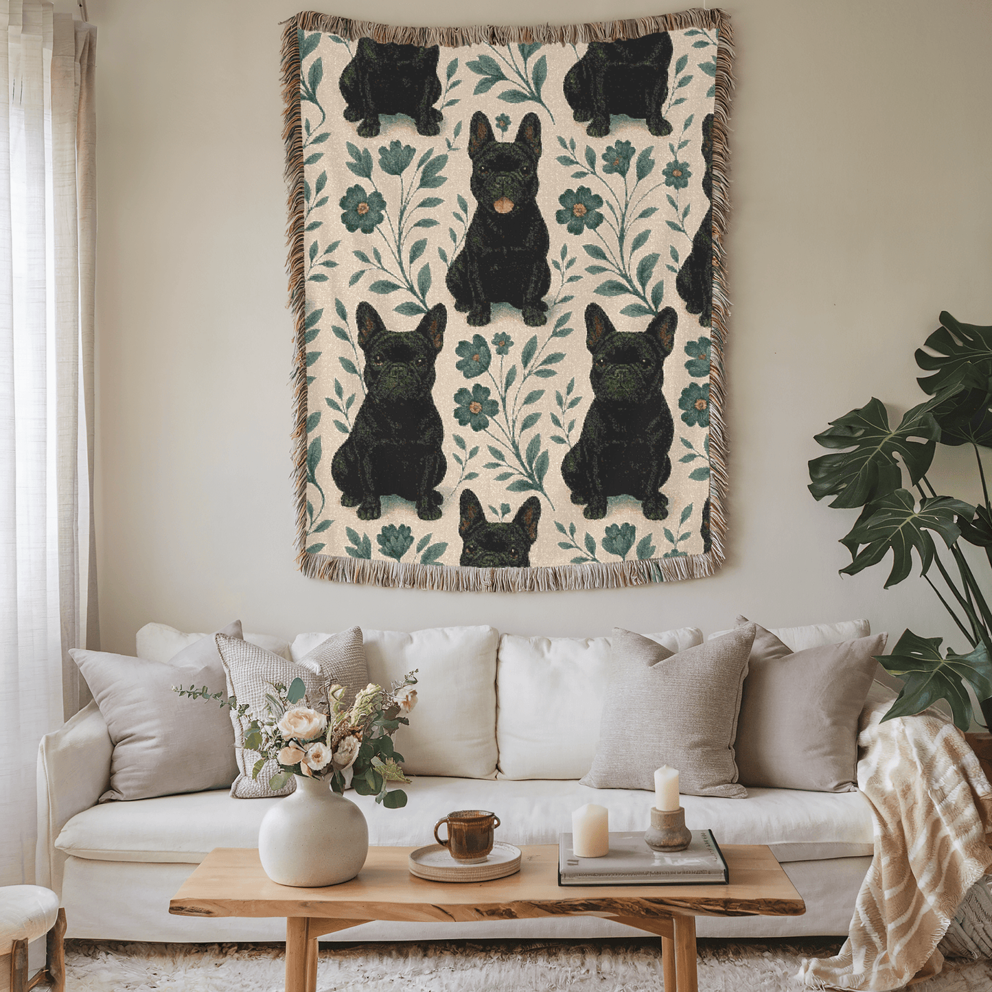 Printify Blanket Black French Bulldog Blue Floral Throw Blanket