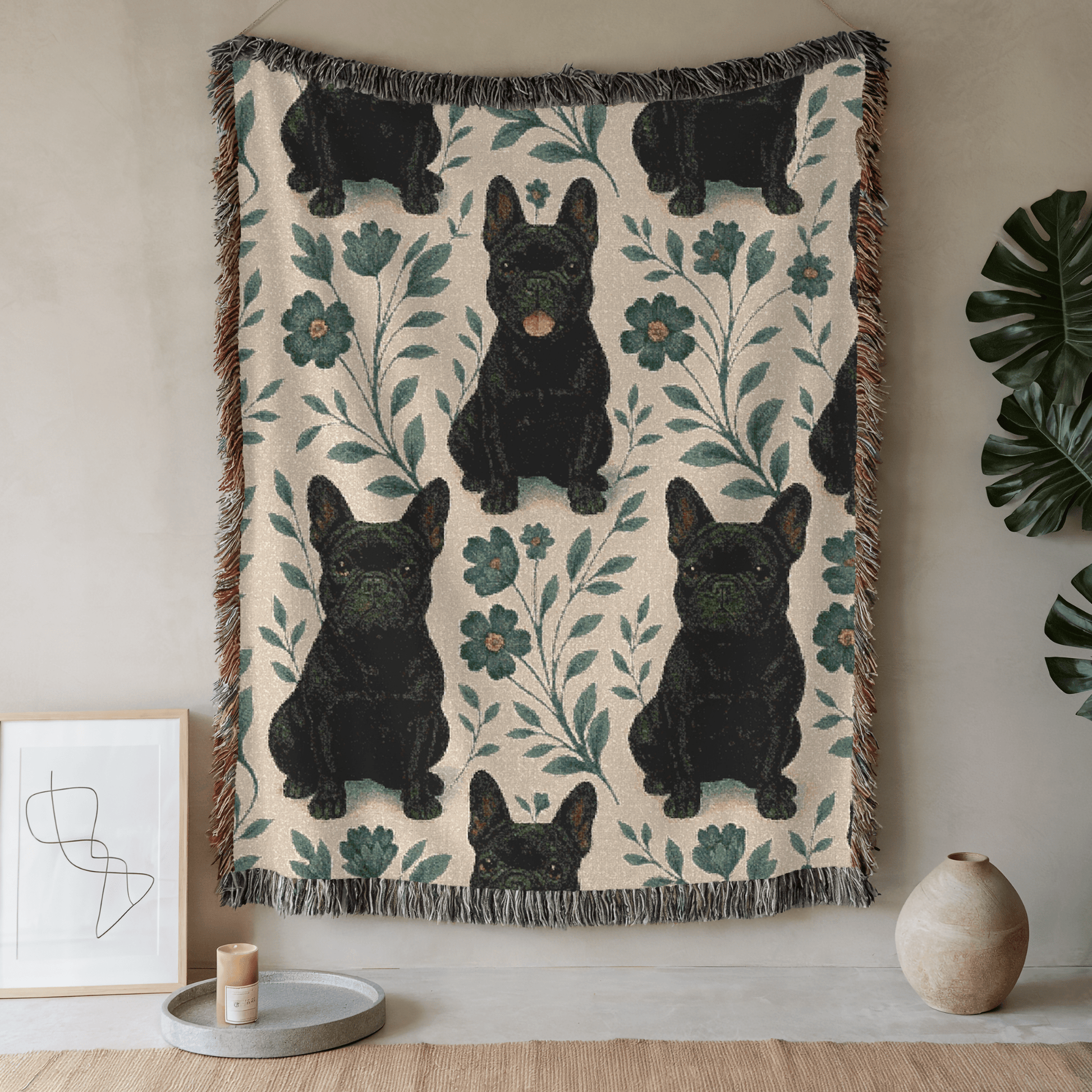 Printify Blanket 52'' × 37'' Black French Bulldog Blue Floral Throw Blanket