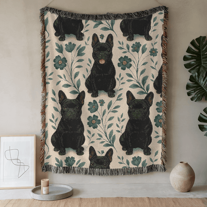 Printify Blanket 52'' × 37'' Black French Bulldog Blue Floral Throw Blanket