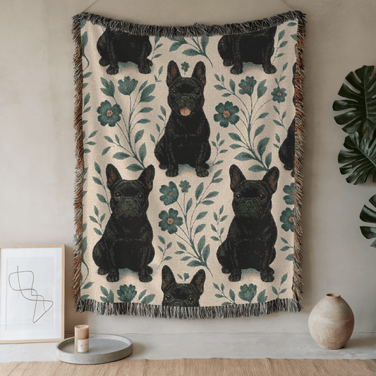 Printify Blanket 52'' × 37'' Black French Bulldog Blue Floral Throw Blanket