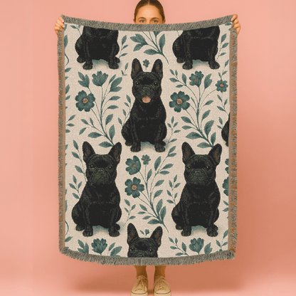 Printify Blanket Black French Bulldog Blue Floral Throw Blanket