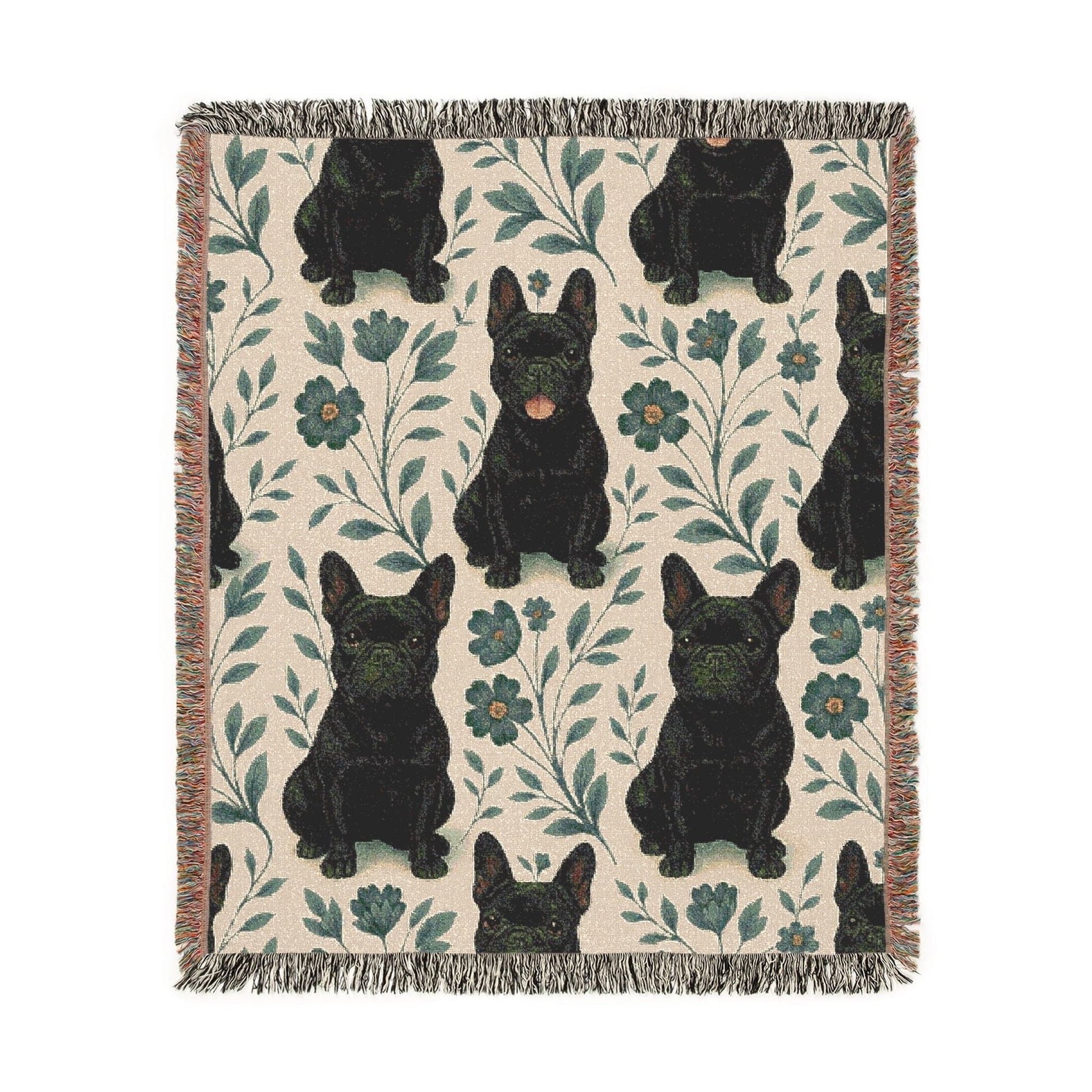 Printify Blanket Black French Bulldog Blue Floral Throw Blanket