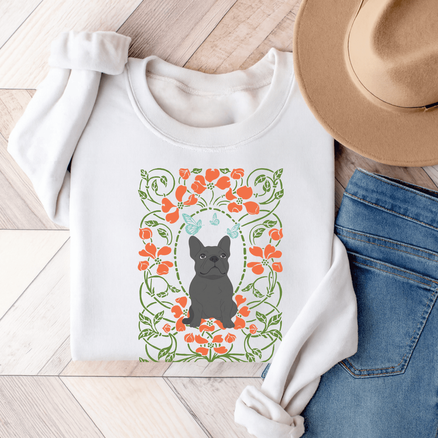 Black French Bulldog Butterfly Frame Sweatshirt White