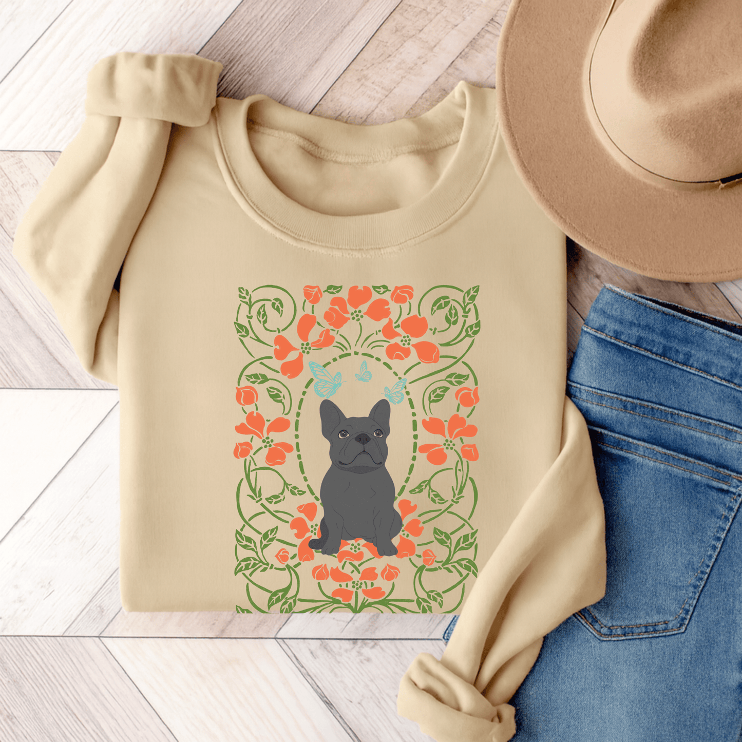 Black French Bulldog Butterfly Frame Sweatshirt Sand