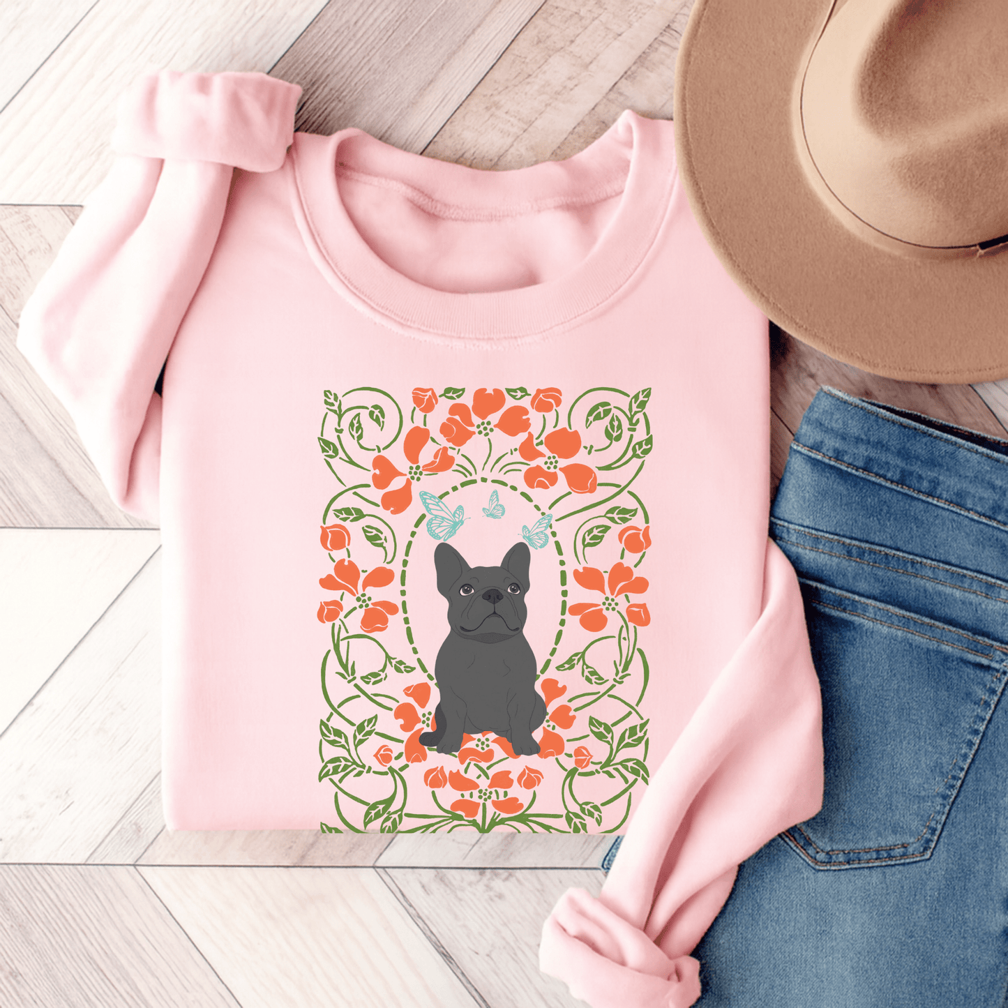 Black French Bulldog Butterfly Frame Sweatshirt Light Pink