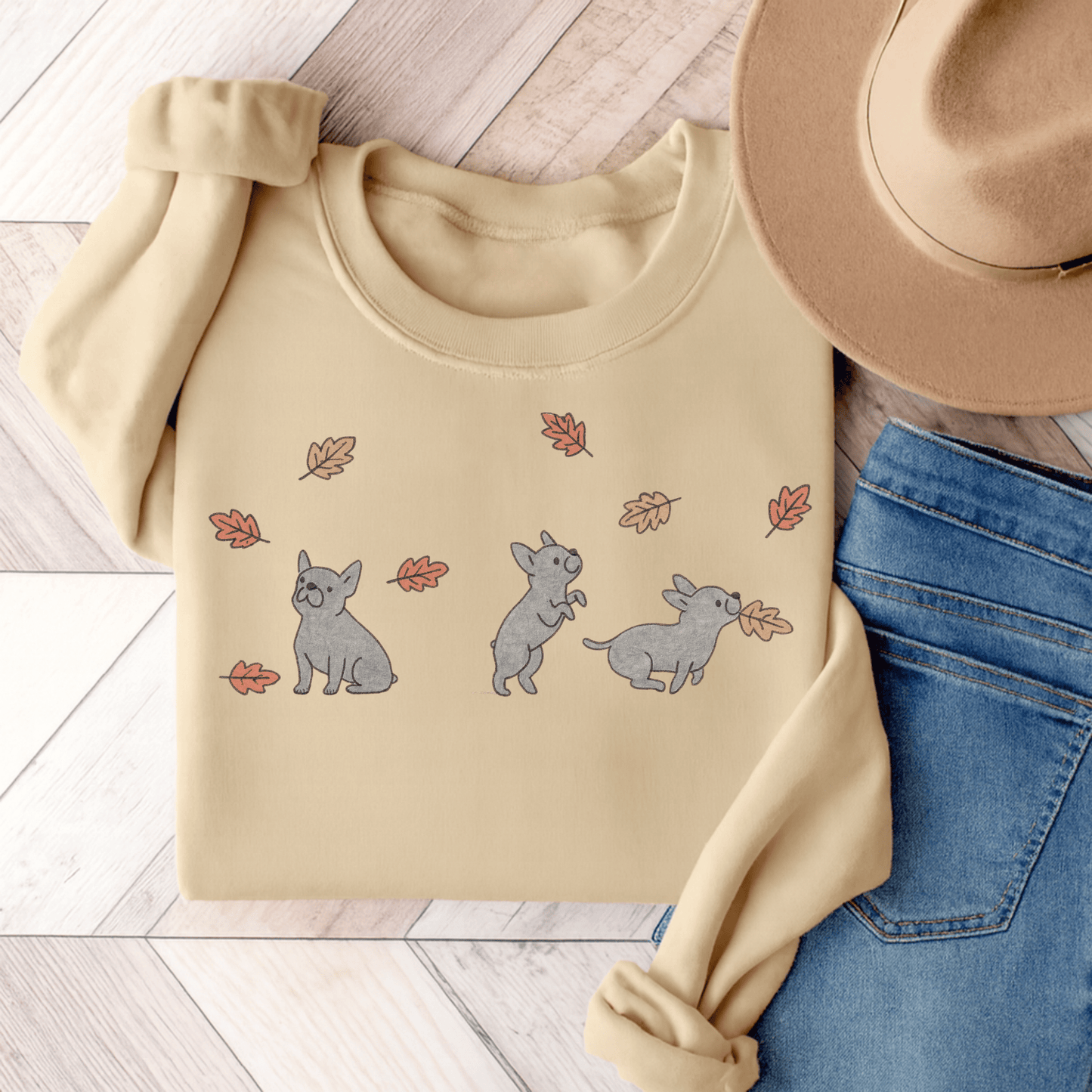 Black French Bulldog Chasing Leaves Sweatshirt Sand