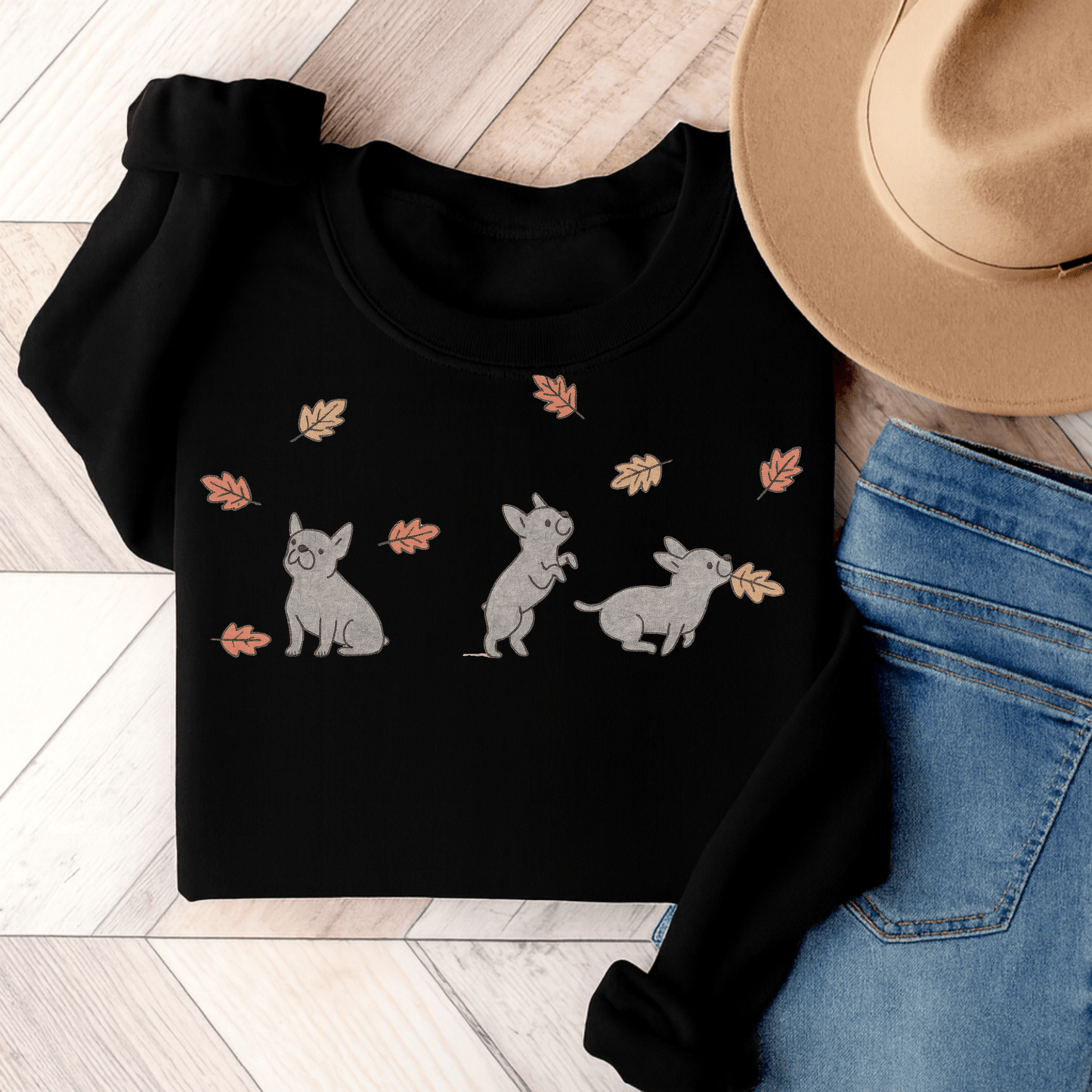 Black French Bulldog Chasing Leaves Sweatshirt Black