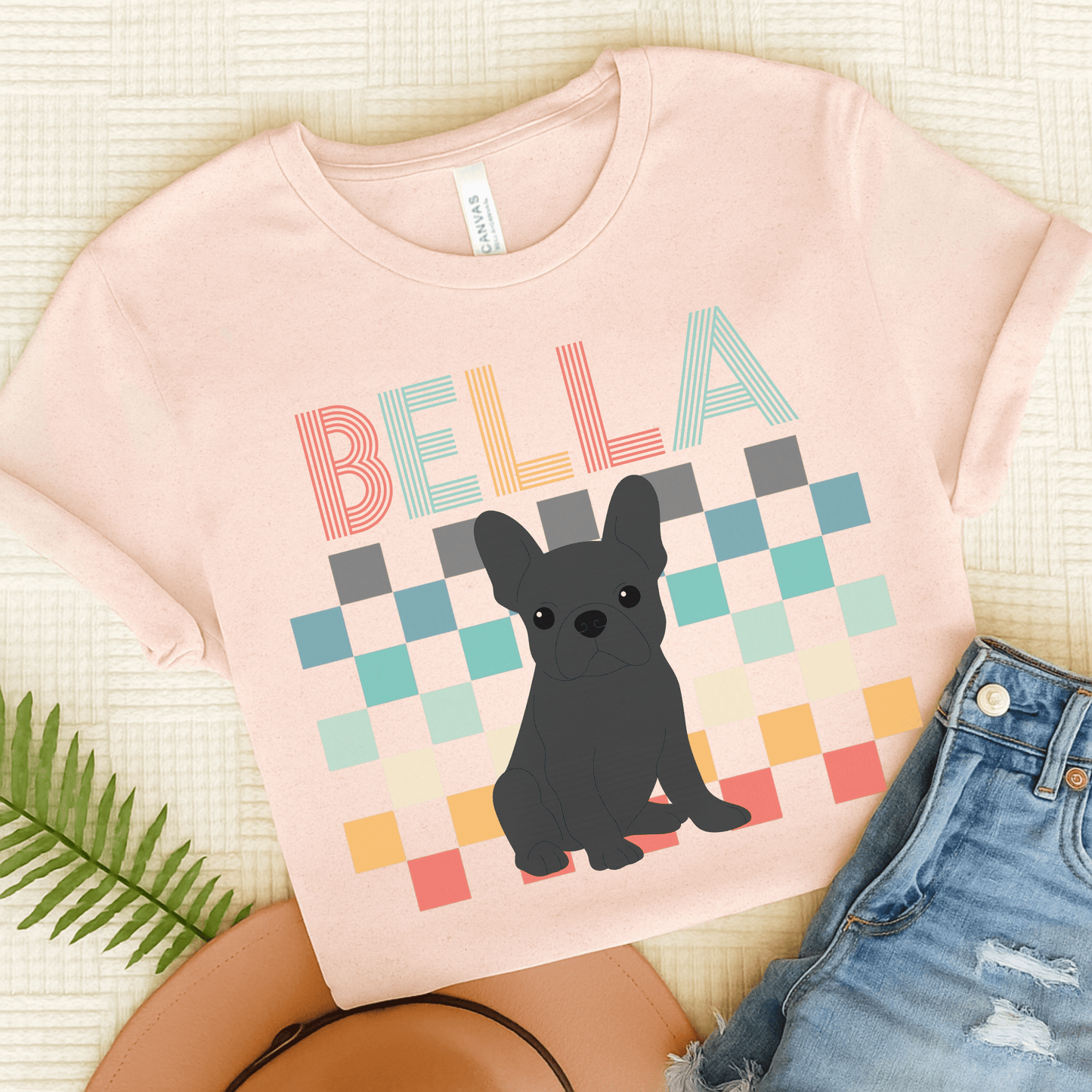 Printify T-Shirt Soft Pink / S Black French Bulldog Checkered Tee
