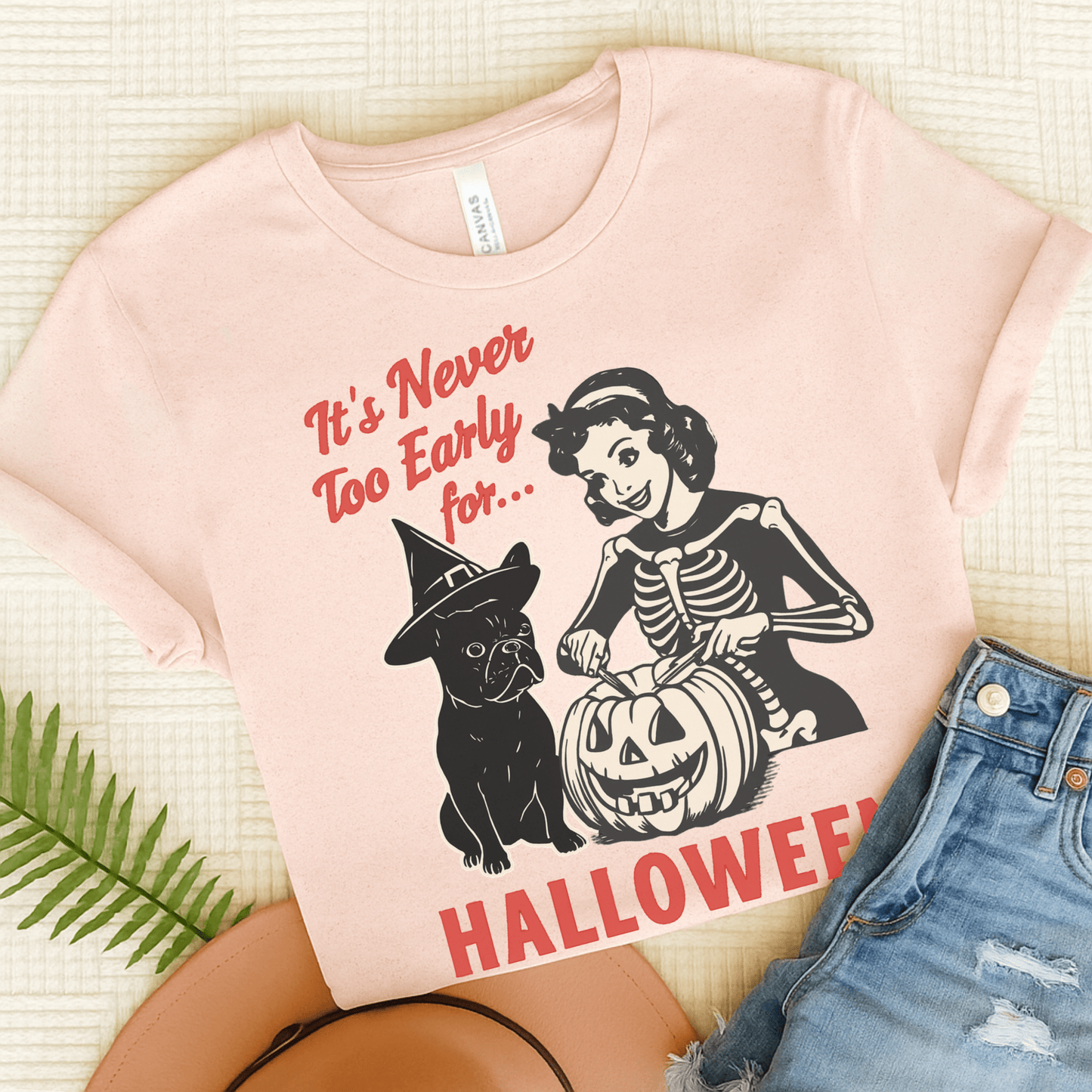 Black French Bulldog Early Halloween TShirt Soft Pink