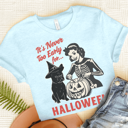 Black French Bulldog Early Halloween TShirt Heather Ice Blue