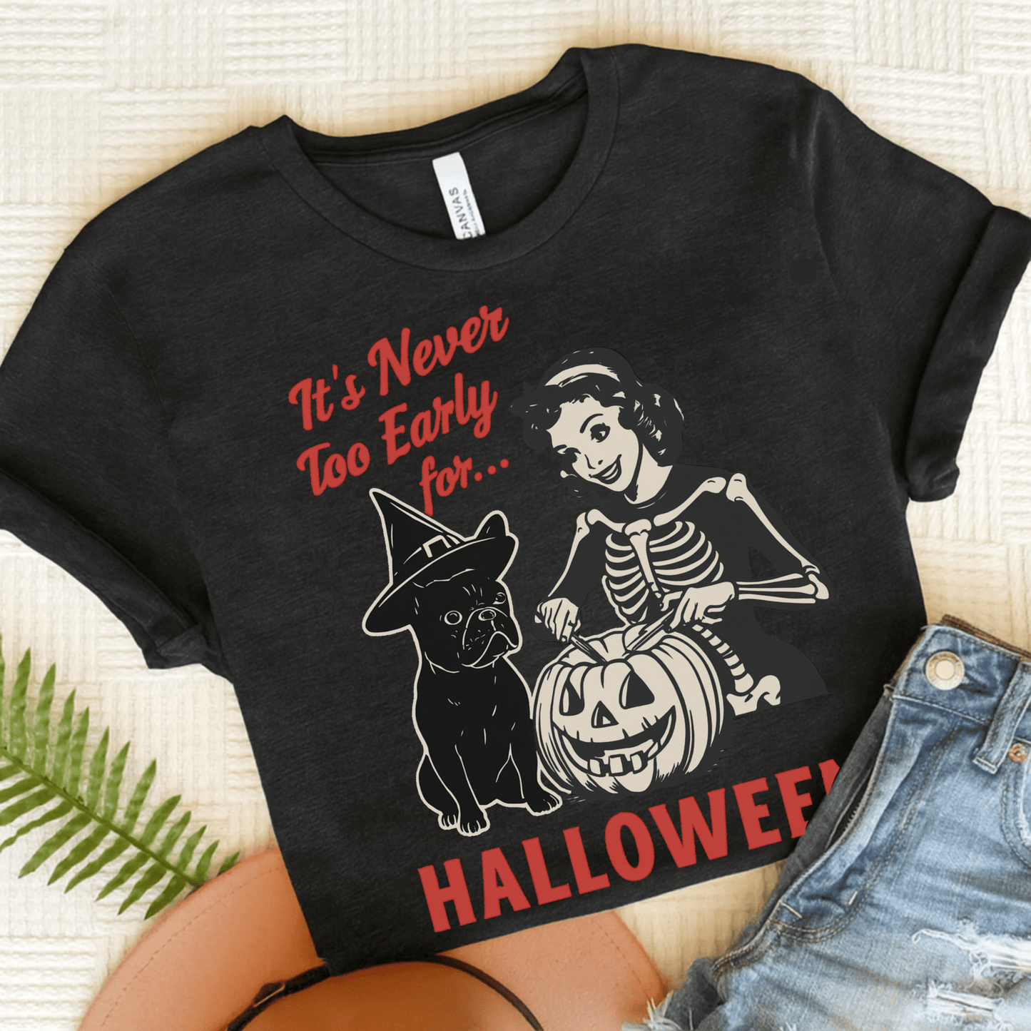 Black French Bulldog Early Halloween TShirt Black Heather